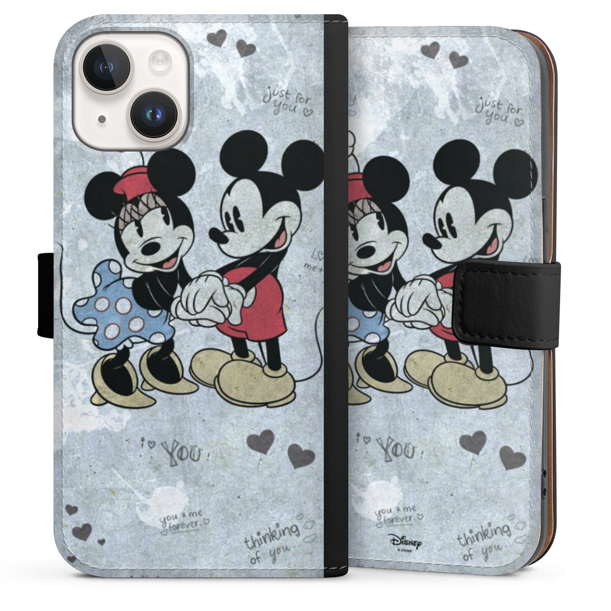 iPhone 14 Handy Klapphülle Handyhülle aus Kunst Leder schwarz Flip Case Mickey & Minnie Mouse Vintage Disney Sideflip mit Lasche