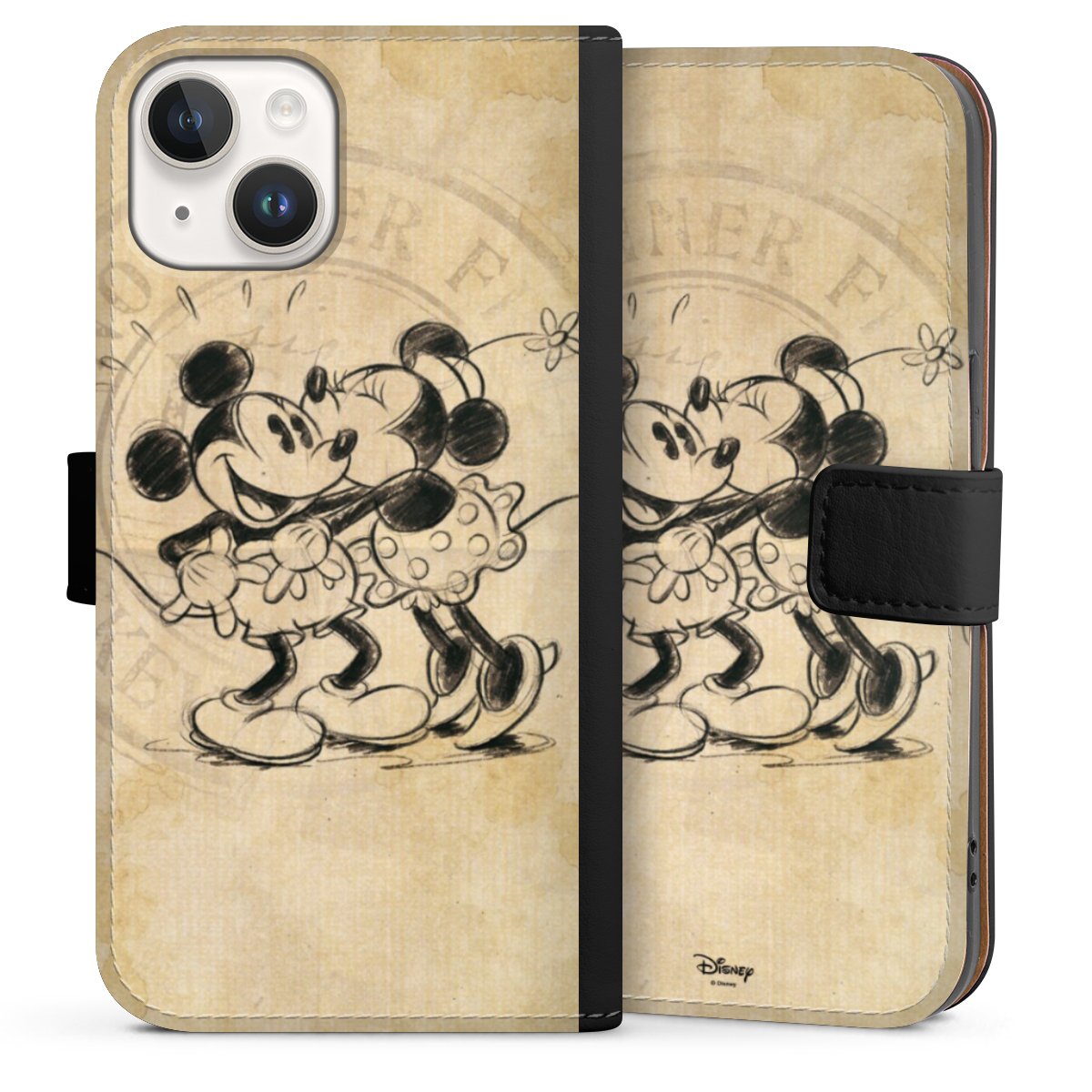 iPhone 14 Handy Klapphülle Handyhülle aus Kunst Leder schwarz Flip Case Mickey Mouse Vintage Minnie Mouse Sideflip mit Lasche