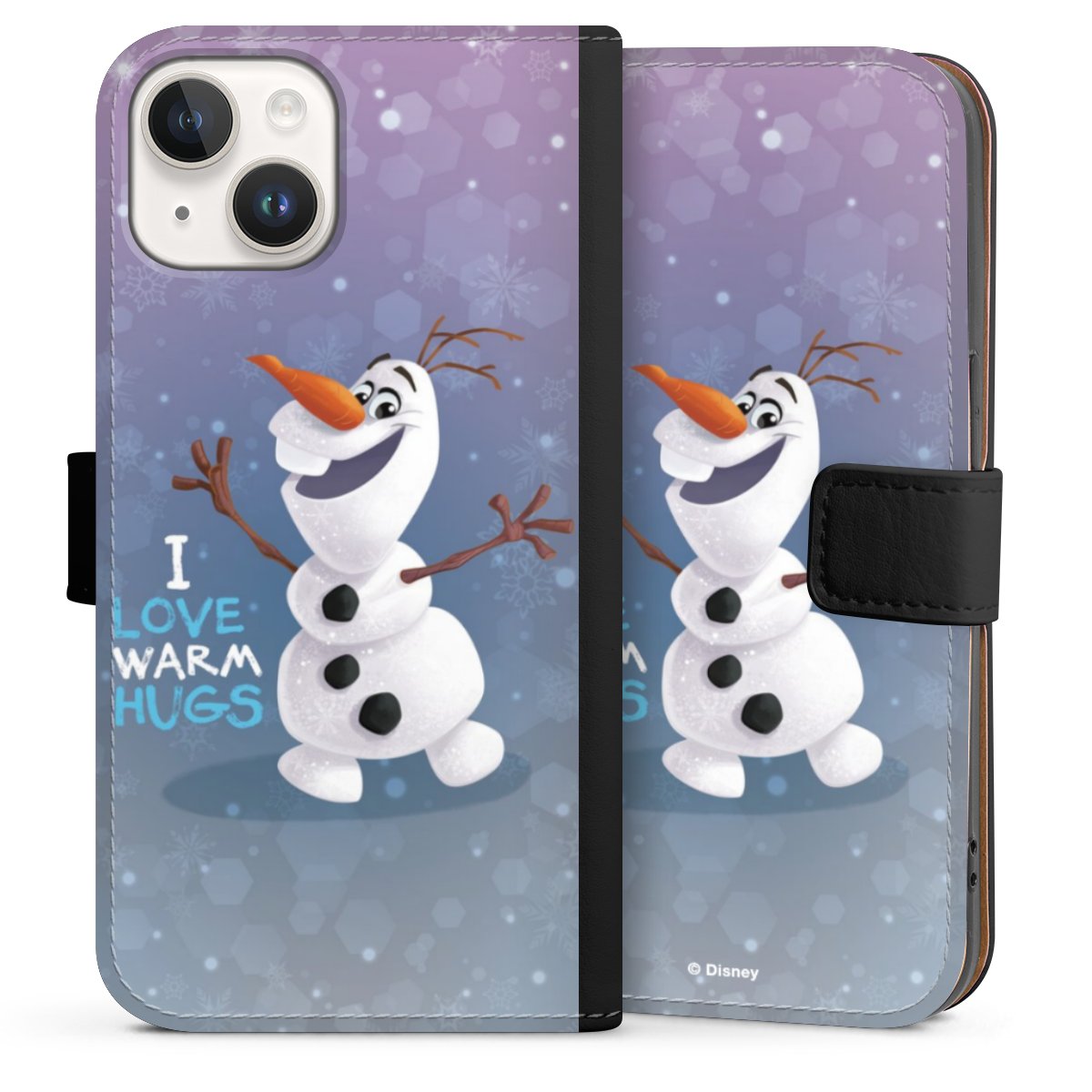 iPhone 14 Handy Klapphülle Handyhülle aus Kunst Leder schwarz Flip Case Frozen Frozen Olaf Official Licensed Product Sideflip mit Lasche