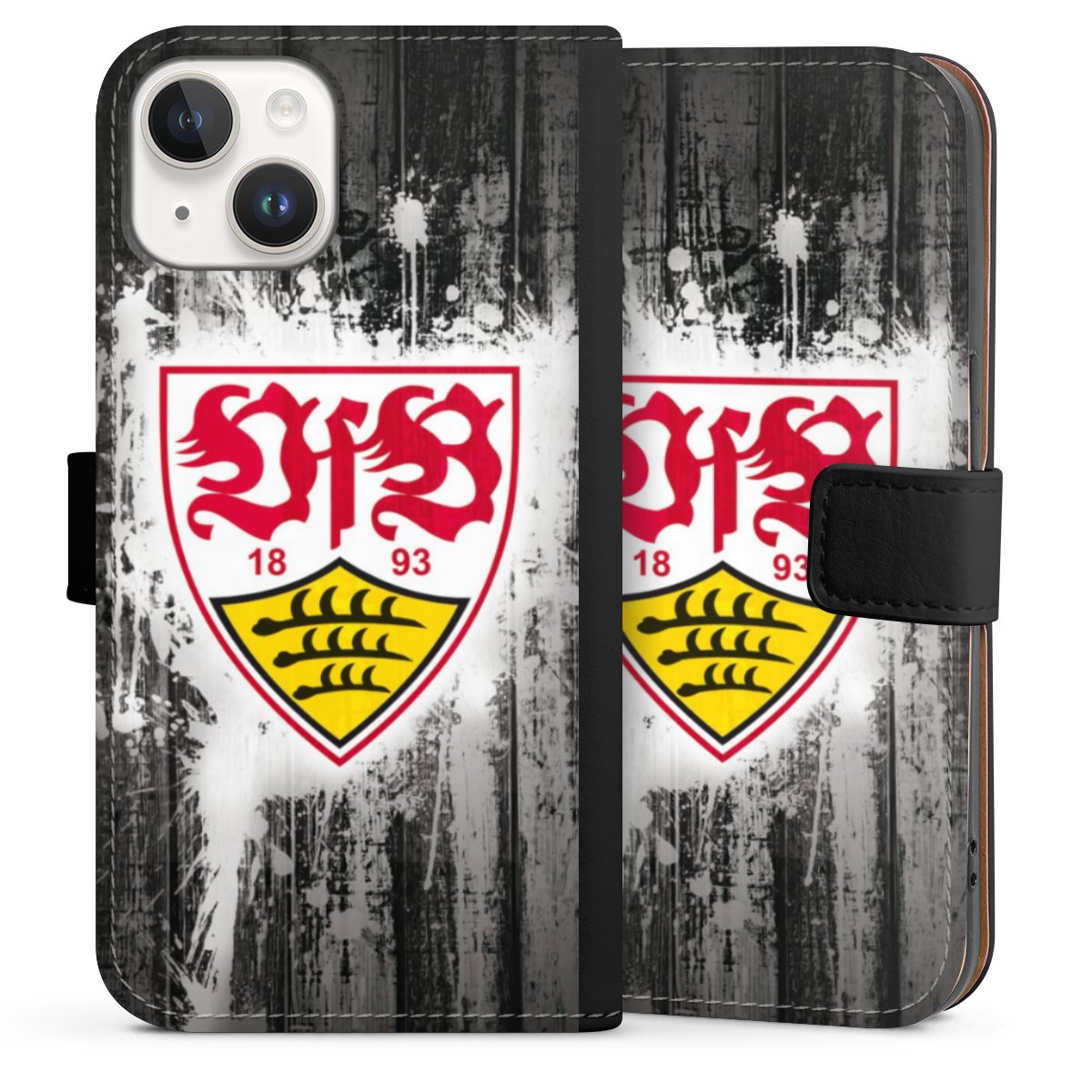 iPhone 14 Handy Klapphülle Handyhülle aus Kunst Leder schwarz Flip Case Vfb Stuttgart Official Licensed Product Sideflip mit Lasche