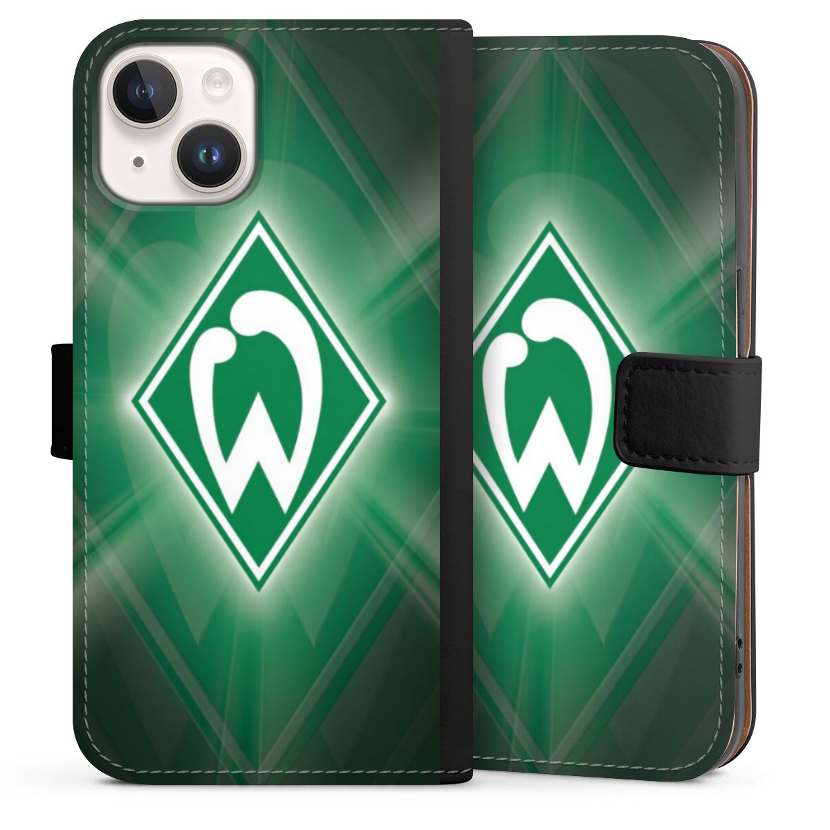 iPhone 14 Handy Klapphülle Handyhülle aus Kunst Leder schwarz Flip Case Sv Werder Bremen Official Licensed Product Coat Of Arms Sideflip mit Lasche