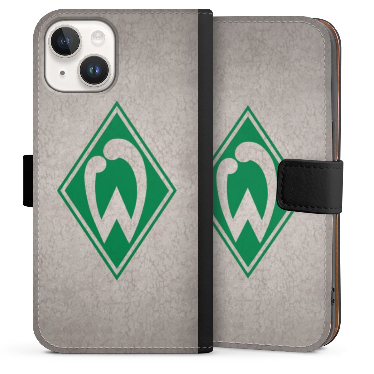 iPhone 14 Handy Klapphülle Handyhülle aus Kunst Leder schwarz Flip Case Sv Werder Bremen Concrete Official Licensed Product Sideflip mit Lasche