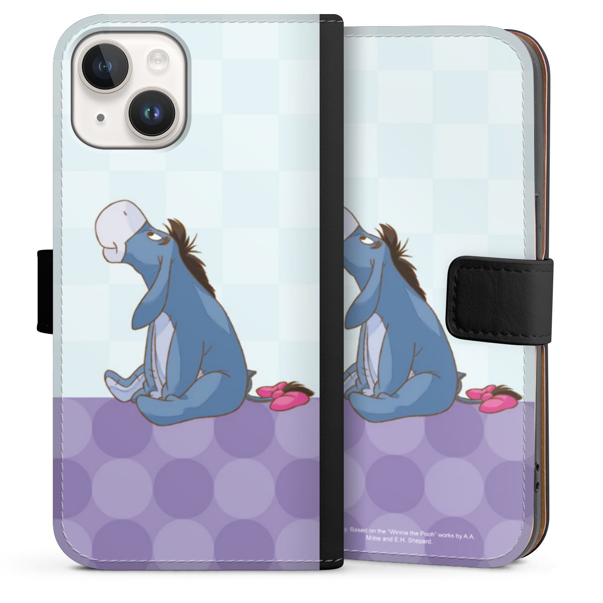 iPhone 14 Handy Klapphülle Handyhülle aus Kunst Leder schwarz Flip Case Disney Donkey Winnie The Pooh Sideflip mit Lasche