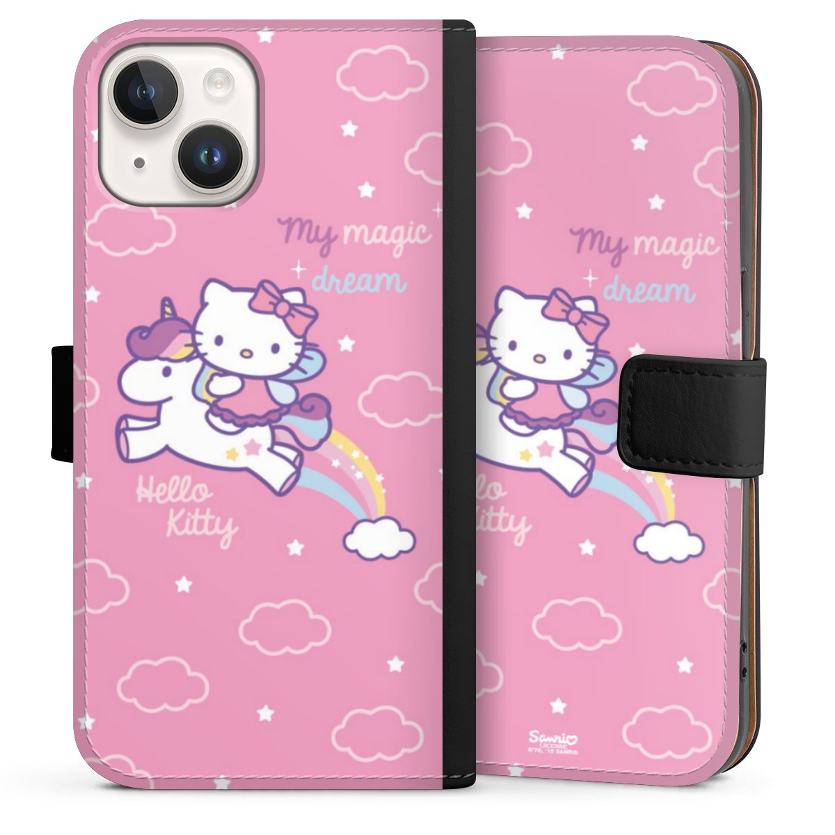 iPhone 14 Handy Klapphülle Handyhülle aus Kunst Leder schwarz Flip Case Einhorn Official Licensed Product Hello Kitty Sideflip mit Lasche