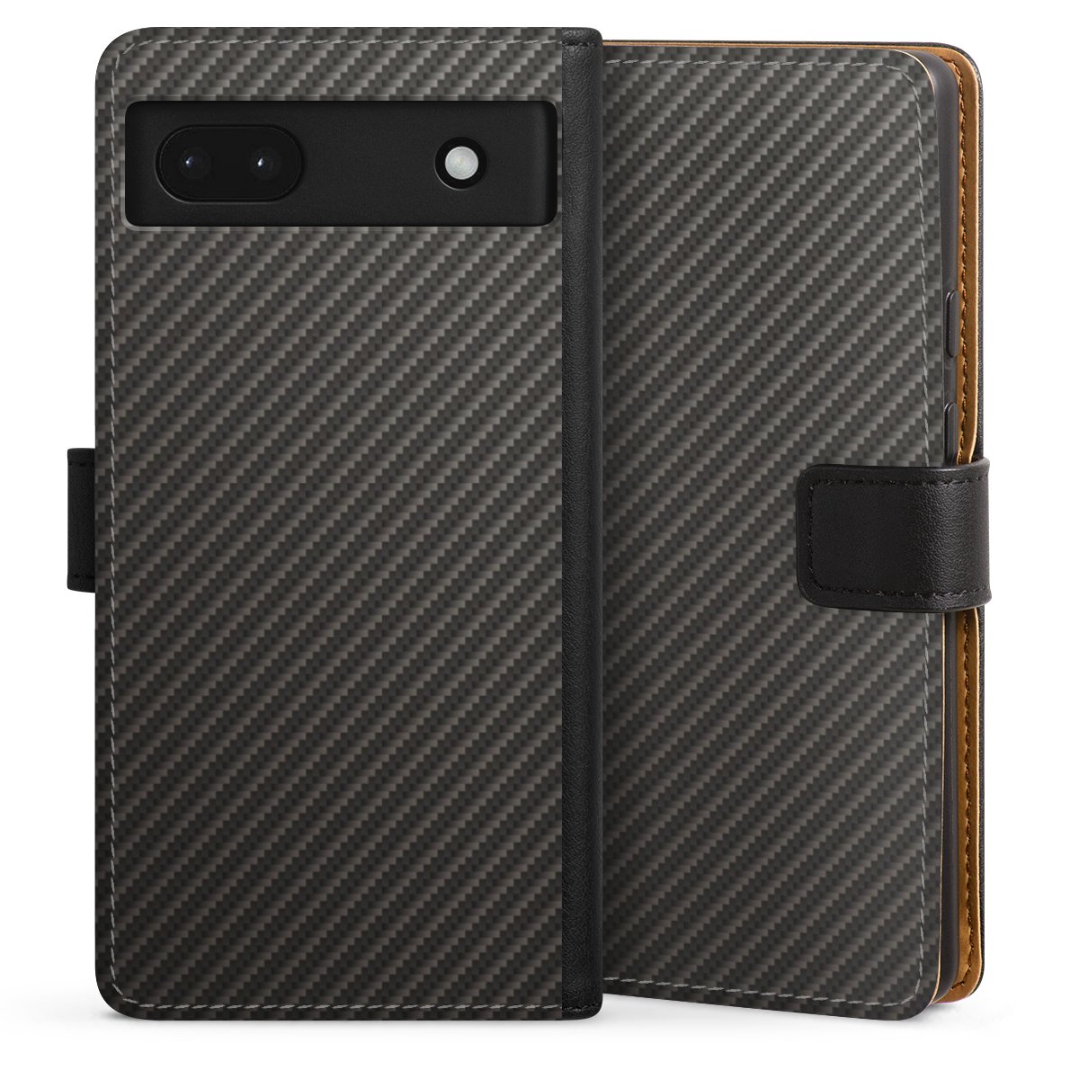 Google Pixel 6a Handy Klapphülle Handyhülle aus Kunst Leder schwarz Flip Case Metallic Look Carbon Muster Sideflip mit Lasche