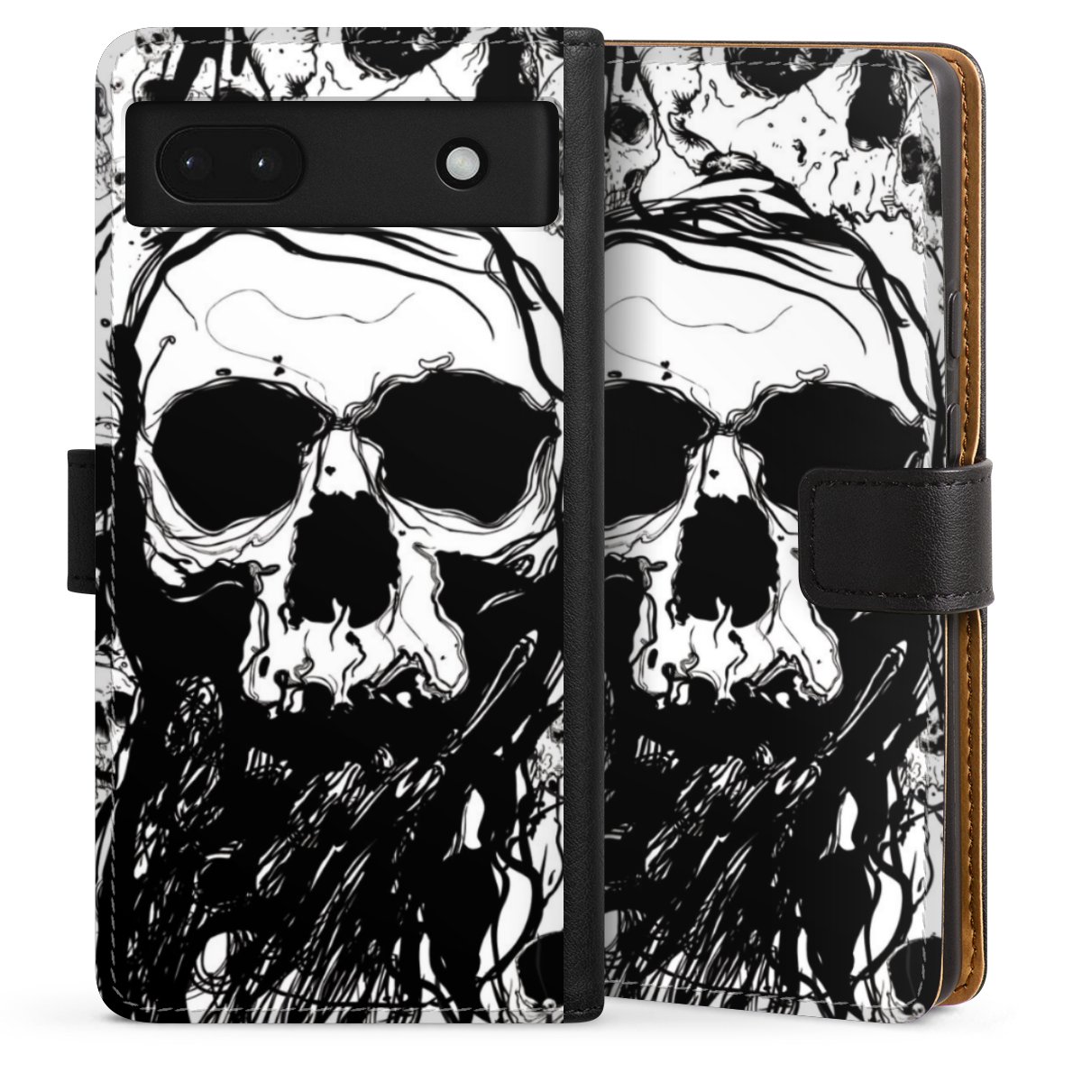 Google Pixel 6a Handy Klapphülle Handyhülle aus Kunst Leder schwarz Flip Case Totenkopf Halloween Sideflip mit Lasche