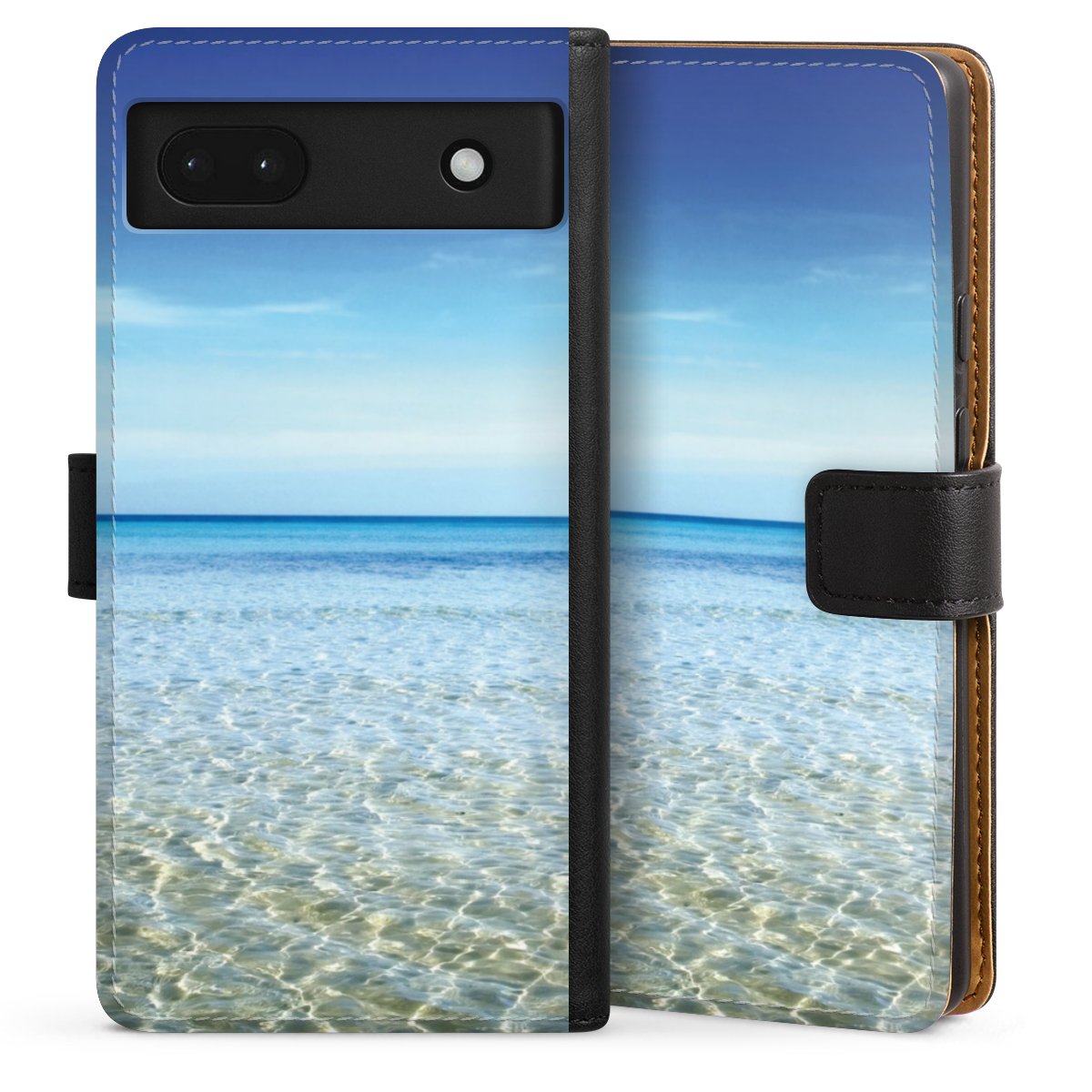 Google Pixel 6a Handy Klapphülle Handyhülle aus Kunst Leder schwarz Flip Case Urlaub Sky Ocean Sideflip mit Lasche