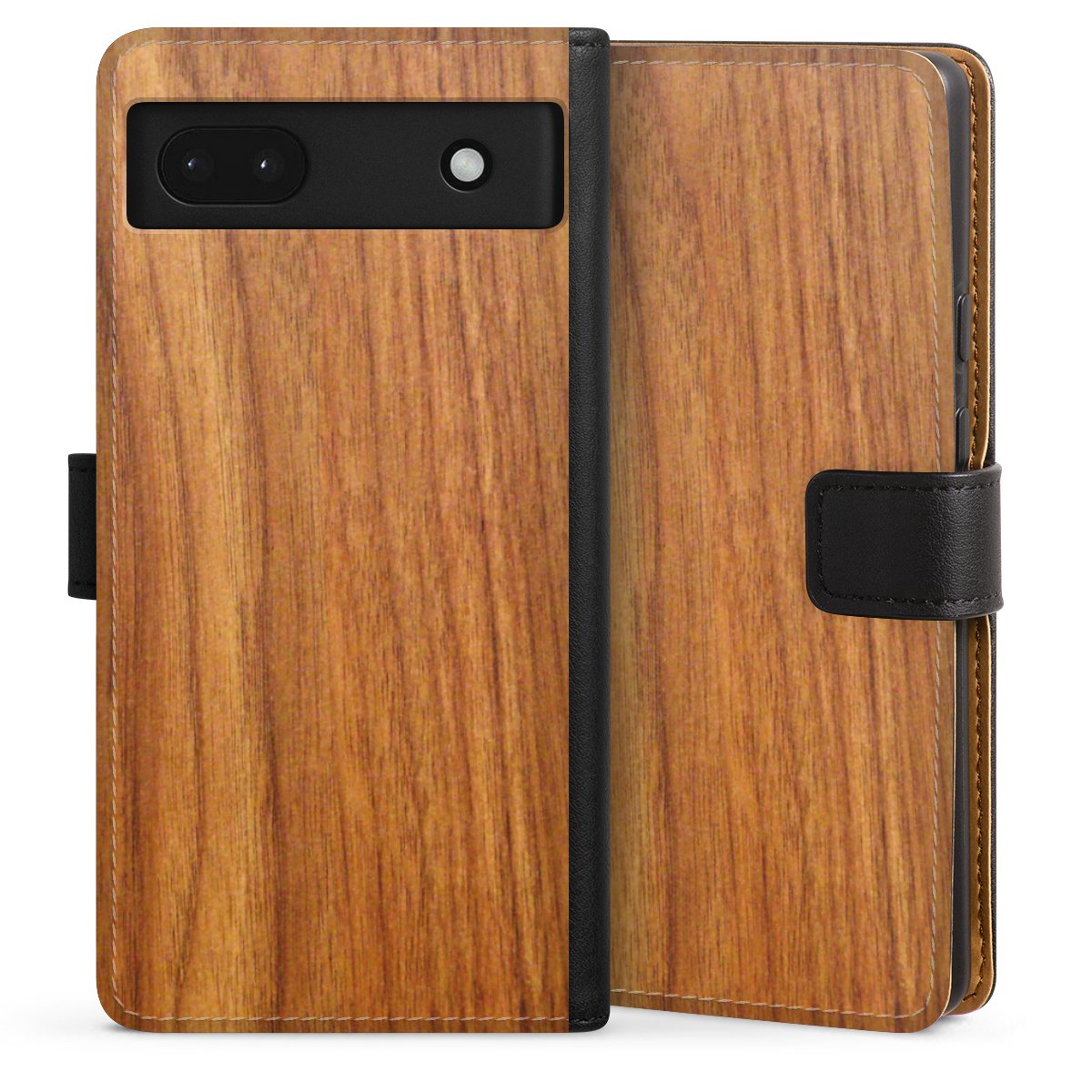 Google Pixel 6a Handy Klapphülle Handyhülle aus Kunst Leder schwarz Flip Case Wood Larch Wooden Look Sideflip mit Lasche