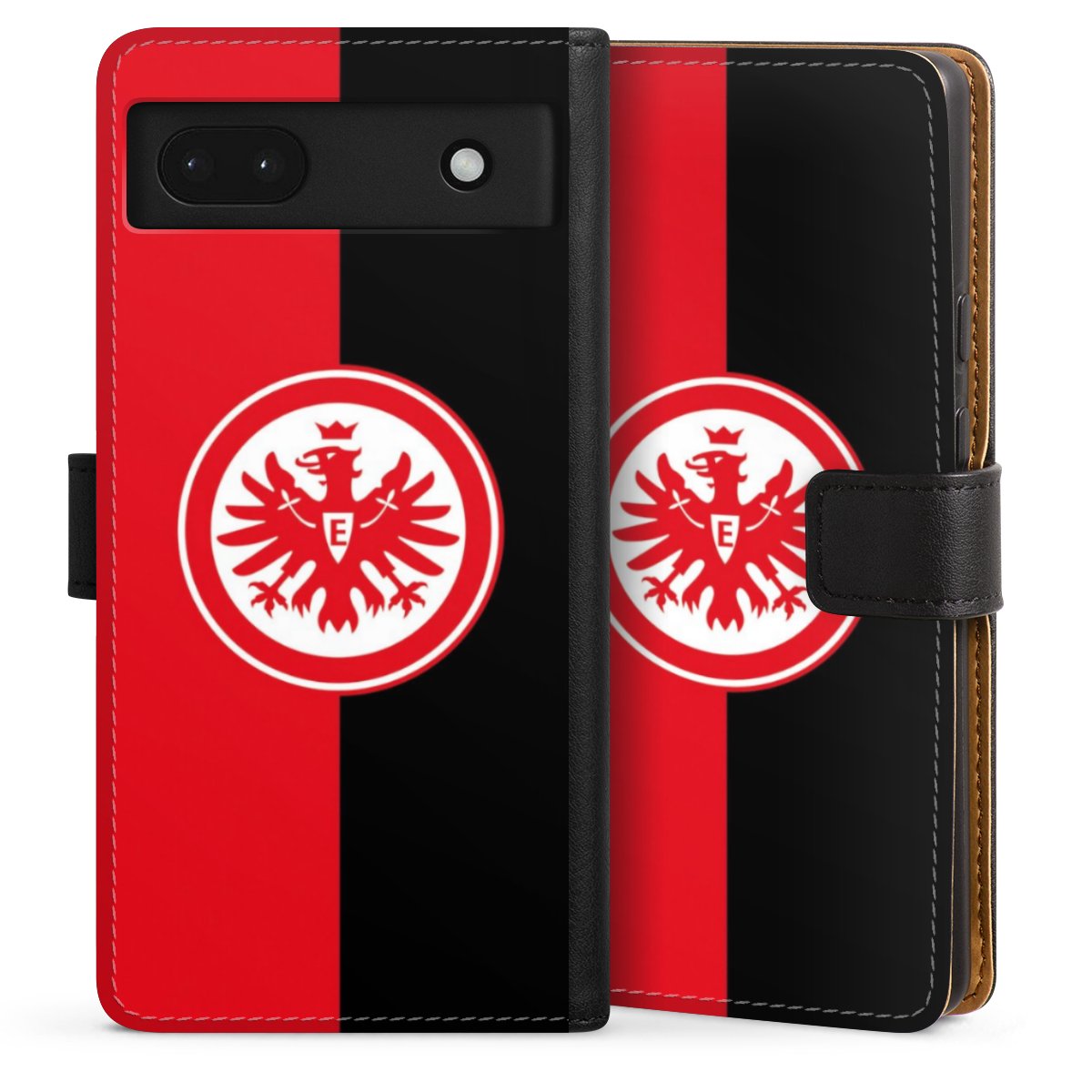 Google Pixel 6a Handy Klapphülle Handyhülle aus Kunst Leder schwarz Flip Case Official Licensed Product Eintracht Frankfurt Sge Sideflip mit Lasche