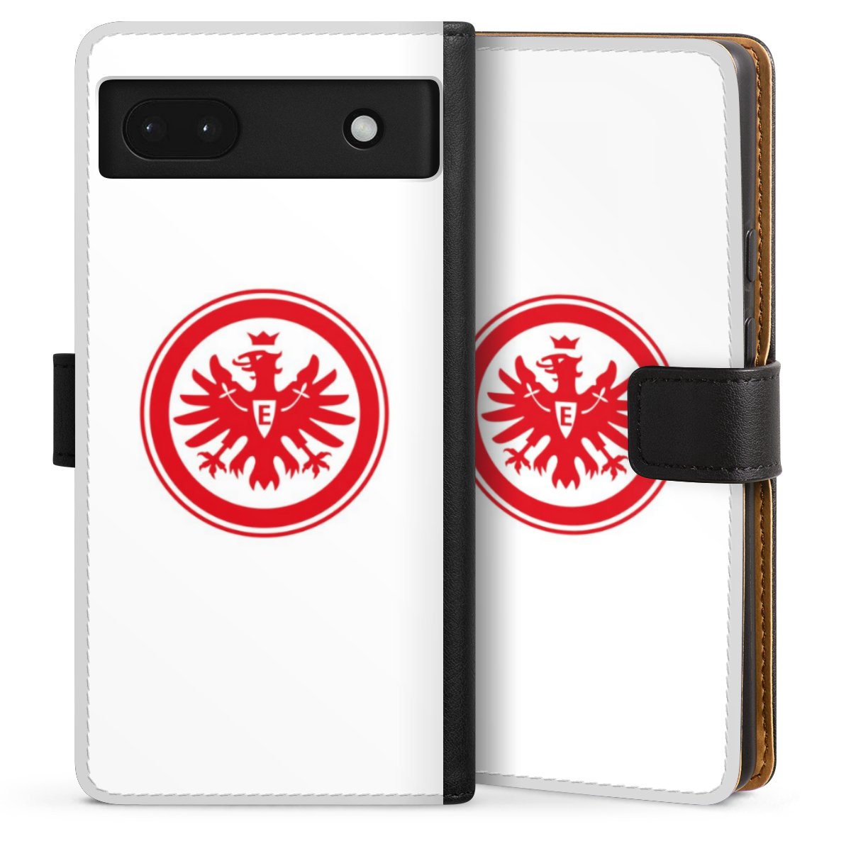 Google Pixel 6a Handy Klapphülle Handyhülle aus Kunst Leder schwarz Flip Case Sge Eintracht Frankfurt Official Licensed Product Sideflip mit Lasche