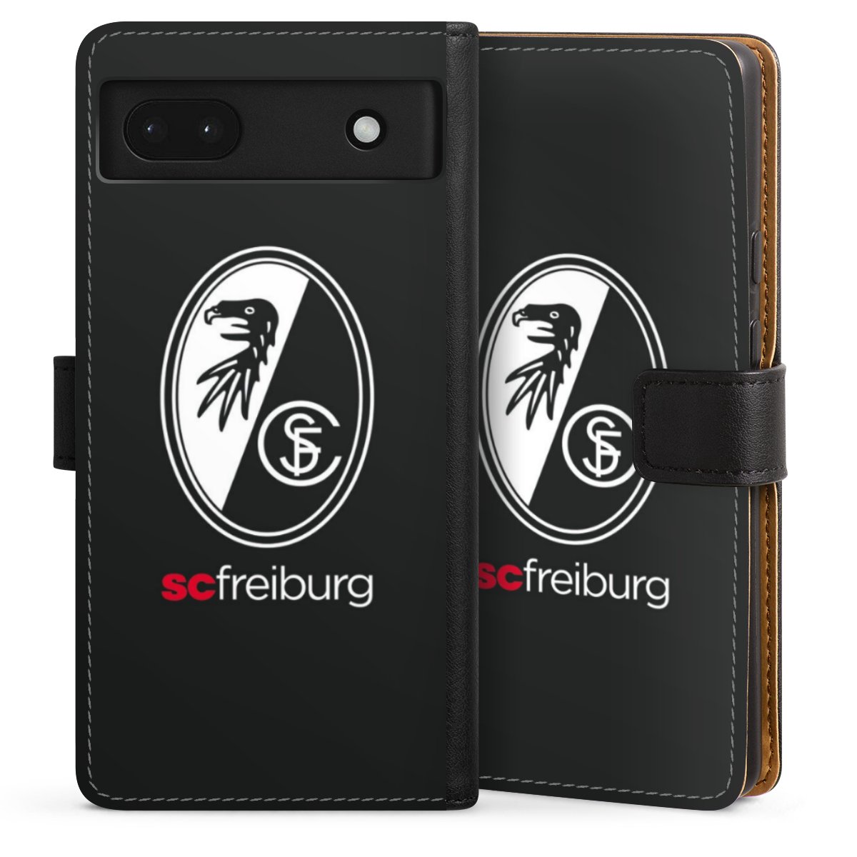 Google Pixel 6a Handy Klapphülle Handyhülle aus Kunst Leder schwarz Flip Case Official Licensed Product Sc Freiburg Coat Of Arms Sideflip mit Lasche