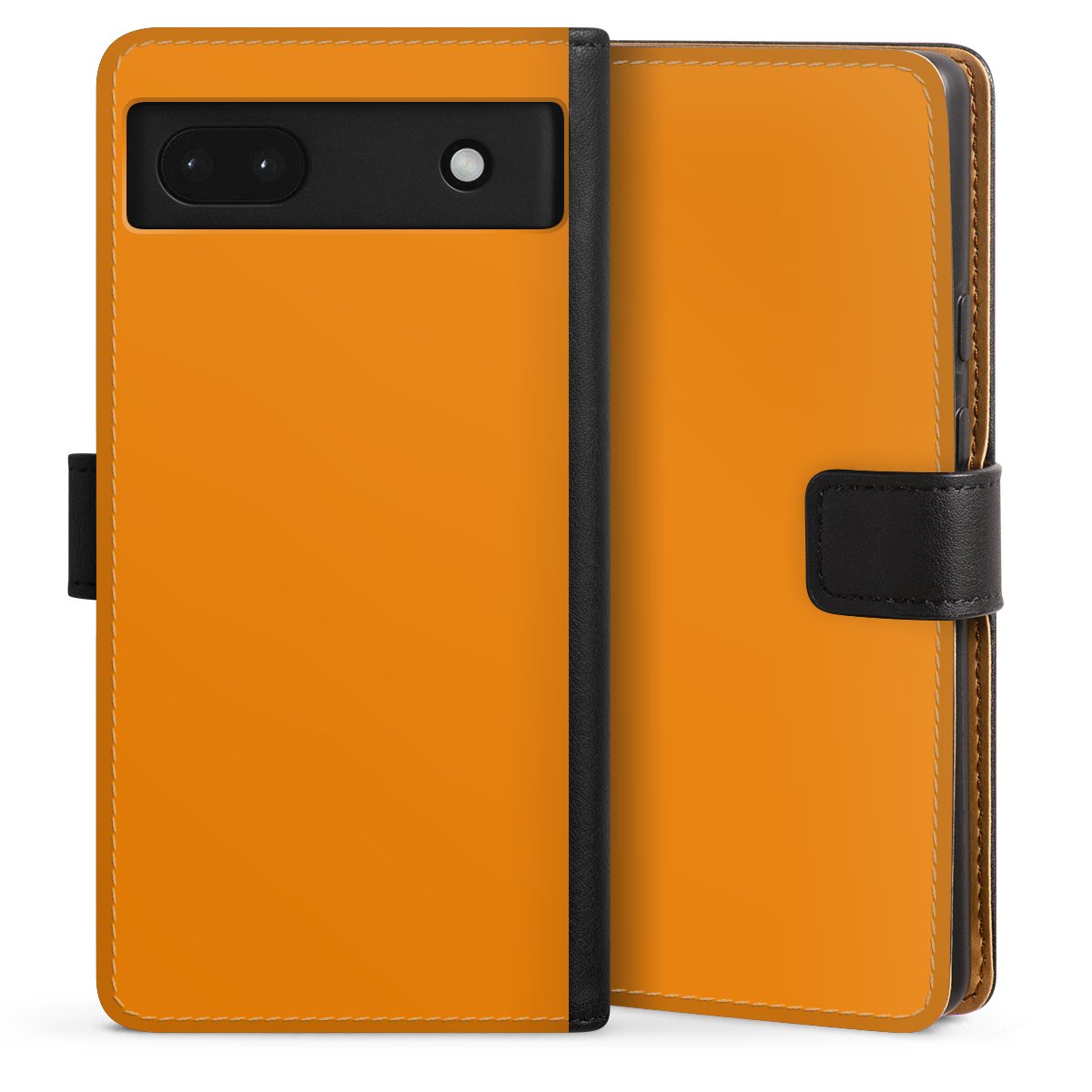 Google Pixel 6a Handy Klapphülle Handyhülle aus Kunst Leder schwarz Flip Case Unicoloured Colour Orange Sideflip mit Lasche