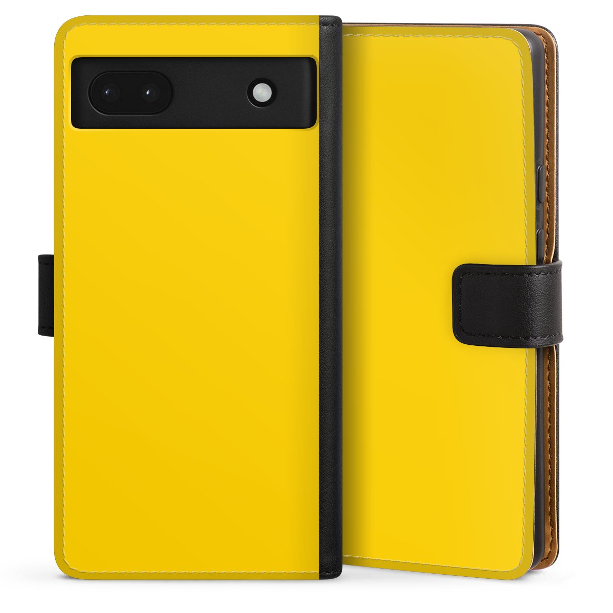 Google Pixel 6a Handy Klapphülle Handyhülle aus Kunst Leder schwarz Flip Case Yellow Unicoloured Colour Sideflip mit Lasche