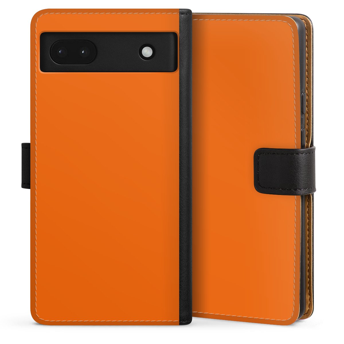 Google Pixel 6a Handy Klapphülle Handyhülle aus Kunst Leder schwarz Flip Case Orange Colour Unicoloured Sideflip mit Lasche