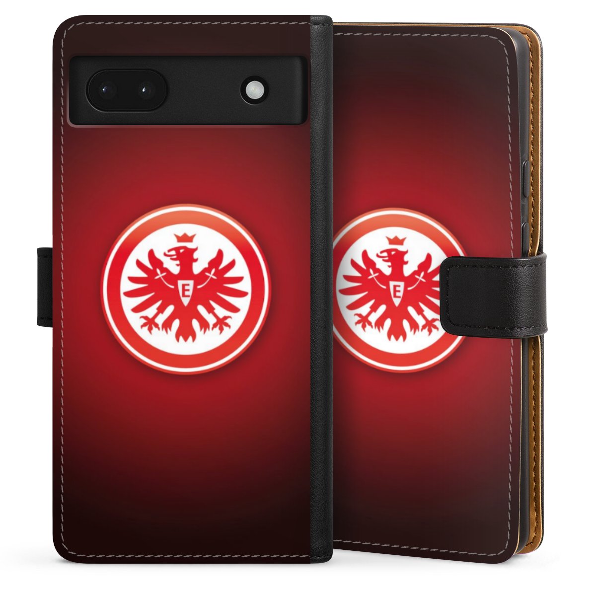 Google Pixel 6a Handy Klapphülle Handyhülle aus Kunst Leder schwarz Flip Case Eintracht Frankfurt Official Licensed Product Coat Of Arms Sideflip mit Lasche