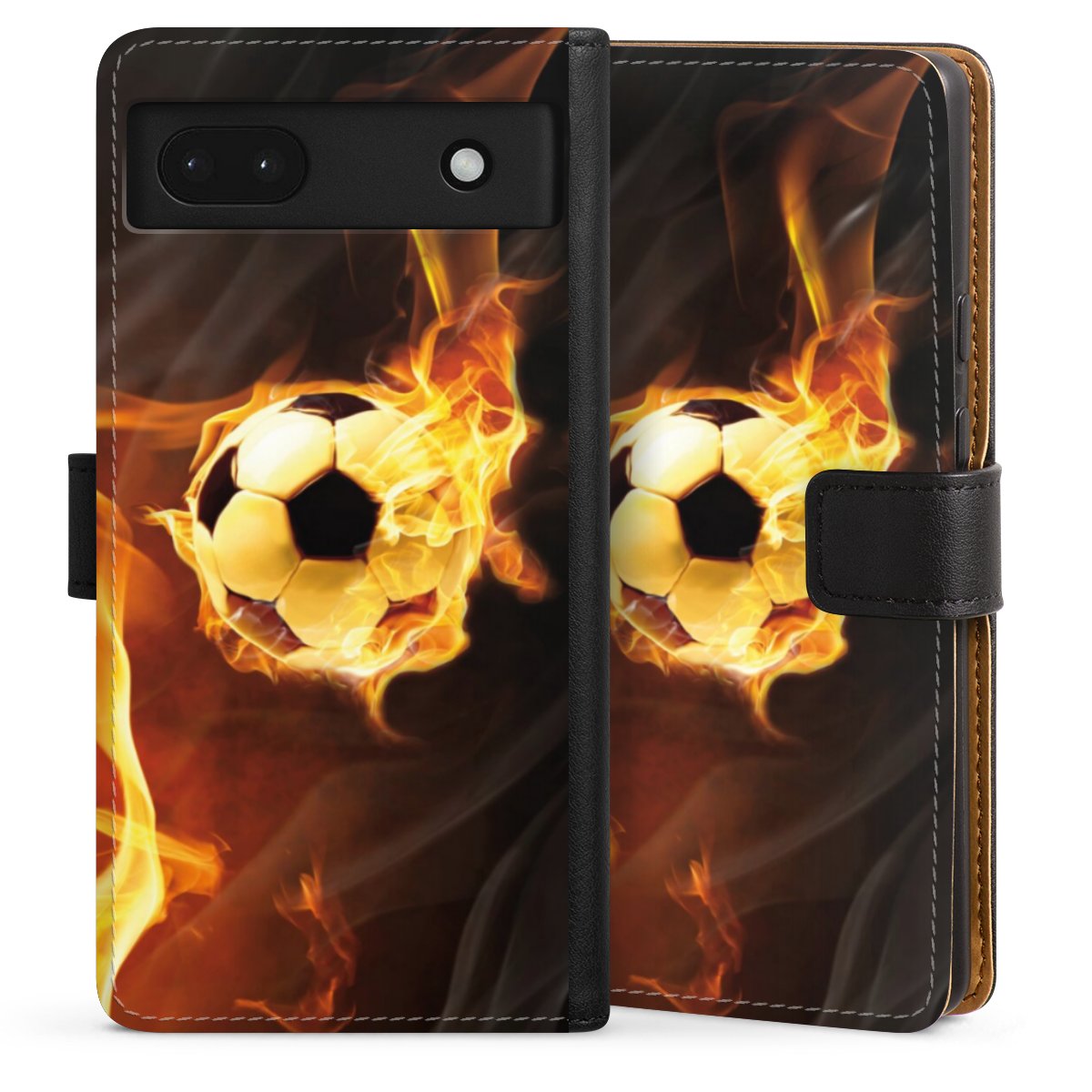 Google Pixel 6a Handy Klapphülle Handyhülle aus Kunst Leder schwarz Flip Case Ball Fire Soccer Sideflip mit Lasche