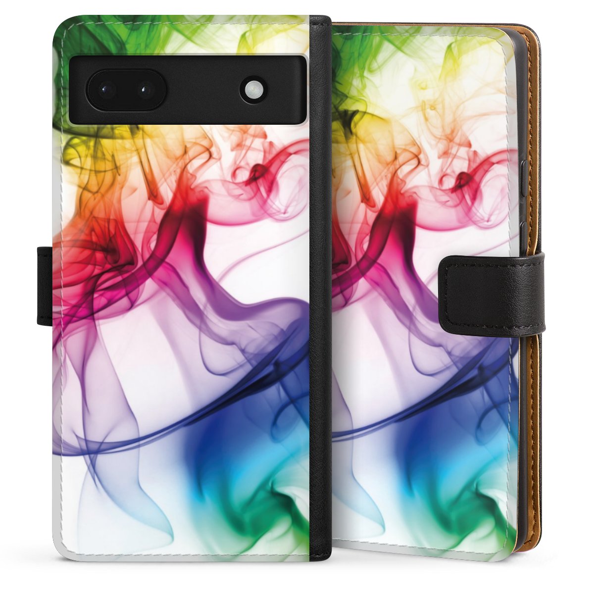 Google Pixel 6a Handy Klapphülle Handyhülle aus Kunst Leder schwarz Flip Case Water Colour Rainbow Sideflip mit Lasche