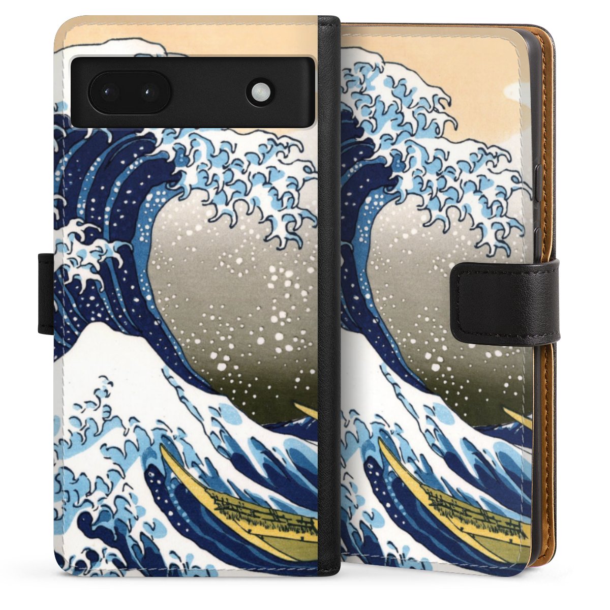 Google Pixel 6a Handy Klapphülle Handyhülle aus Kunst Leder schwarz Flip Case Kunst Katsushika Hokusai Die Große Welle Vor Kanagawa Sideflip mit Lasche