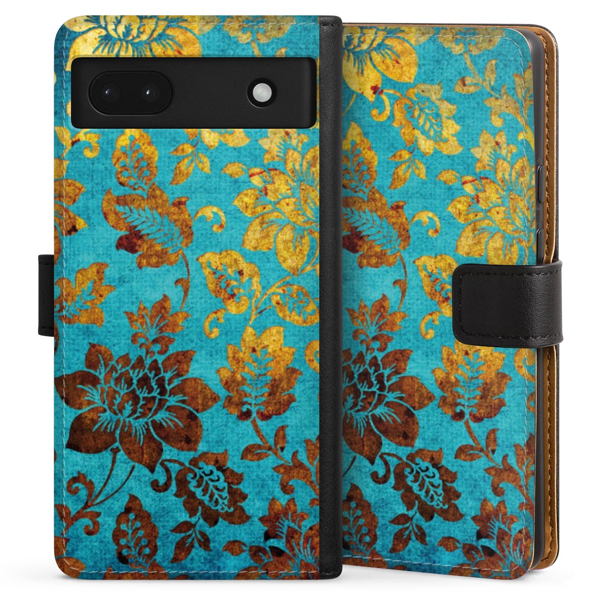 Google Pixel 6a Handy Klapphülle Handyhülle aus Kunst Leder schwarz Flip Case Ornament Vintage Flowers Sideflip mit Lasche