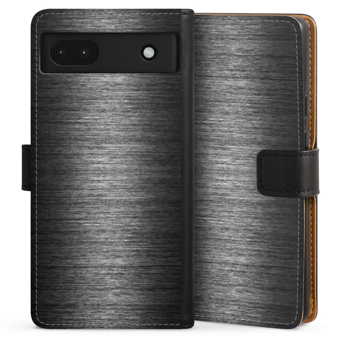 Google Pixel 6a Handy Klapphülle Handyhülle aus Kunst Leder schwarz Flip Case Metallic Look Anthracite Metal Sideflip mit Lasche