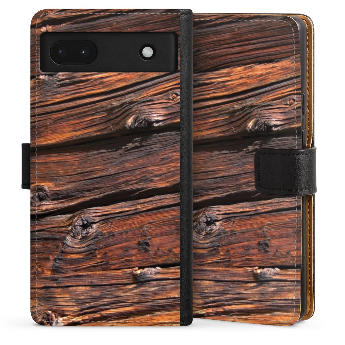 Google Pixel 6a Handy Klapphülle Handyhülle aus Kunst Leder schwarz Flip Case Beams Wooden Look Wood Sideflip mit Lasche