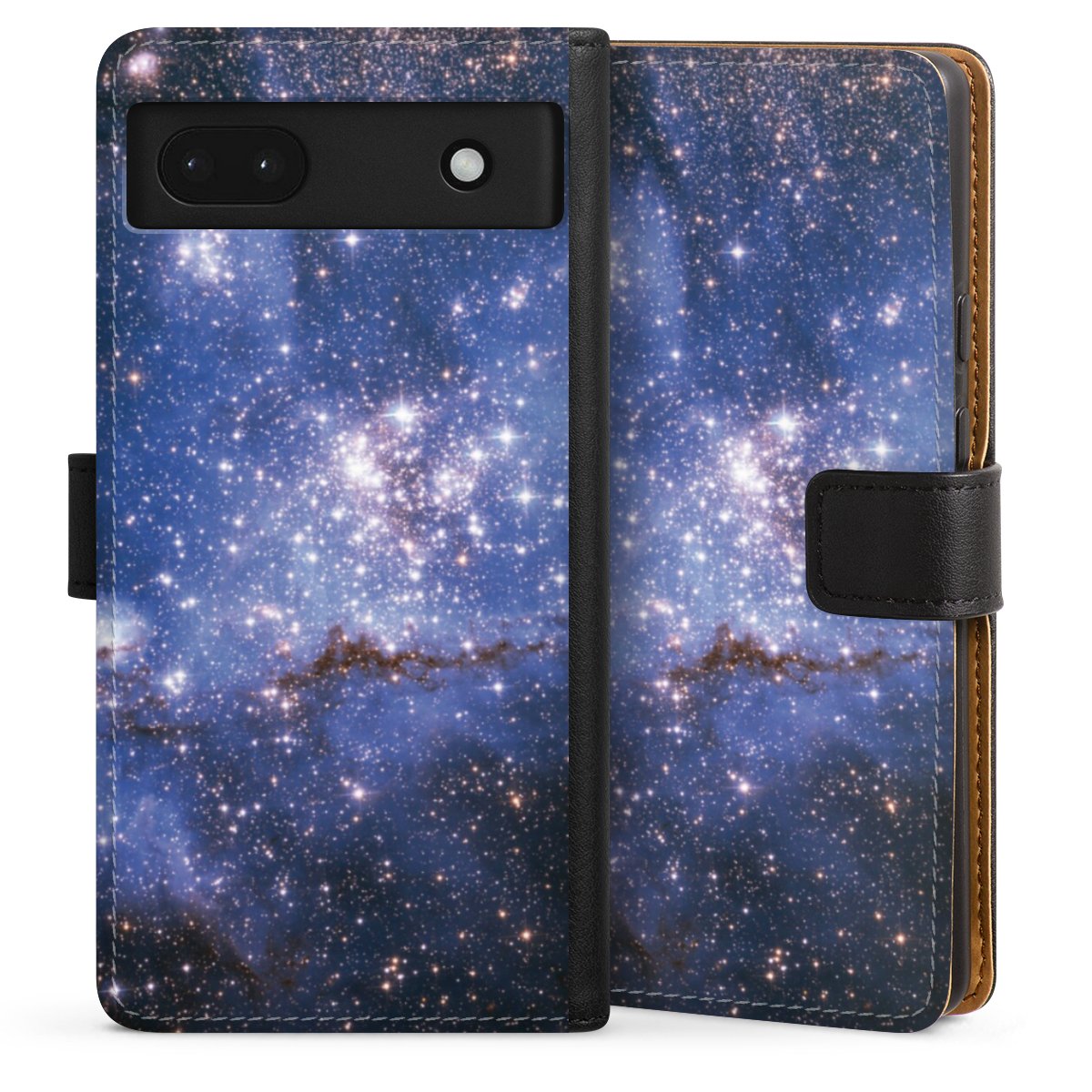 Google Pixel 6a Handy Klapphülle Handyhülle aus Kunst Leder schwarz Flip Case Weltall Galaxy Weltraum Sideflip mit Lasche