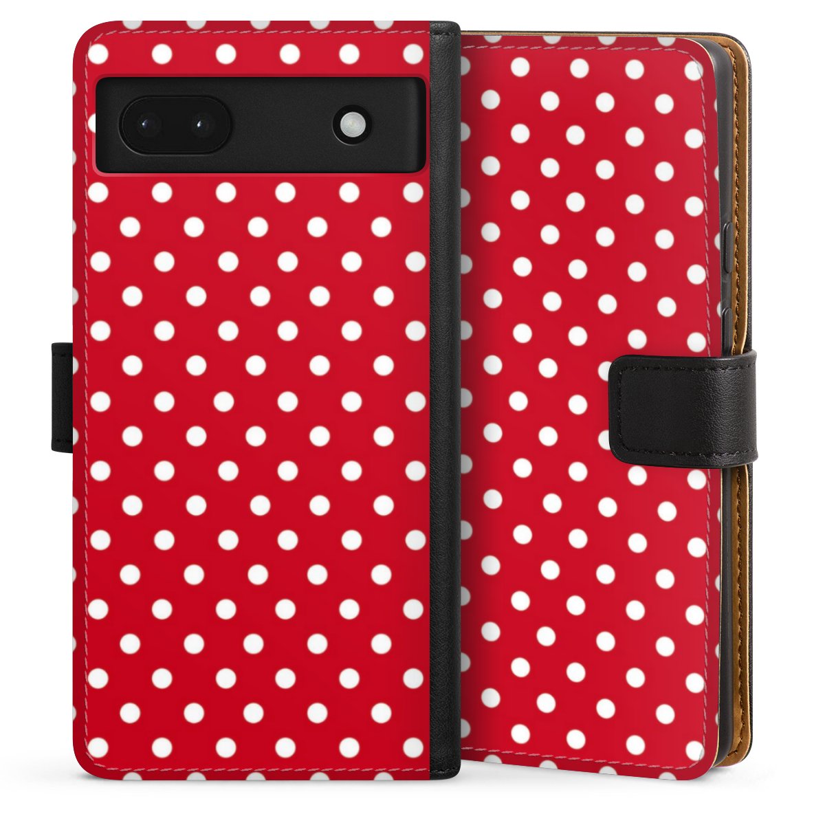 Google Pixel 6a Handy Klapphülle Handyhülle aus Kunst Leder schwarz Flip Case Points Polka Dots Retro Sideflip mit Lasche