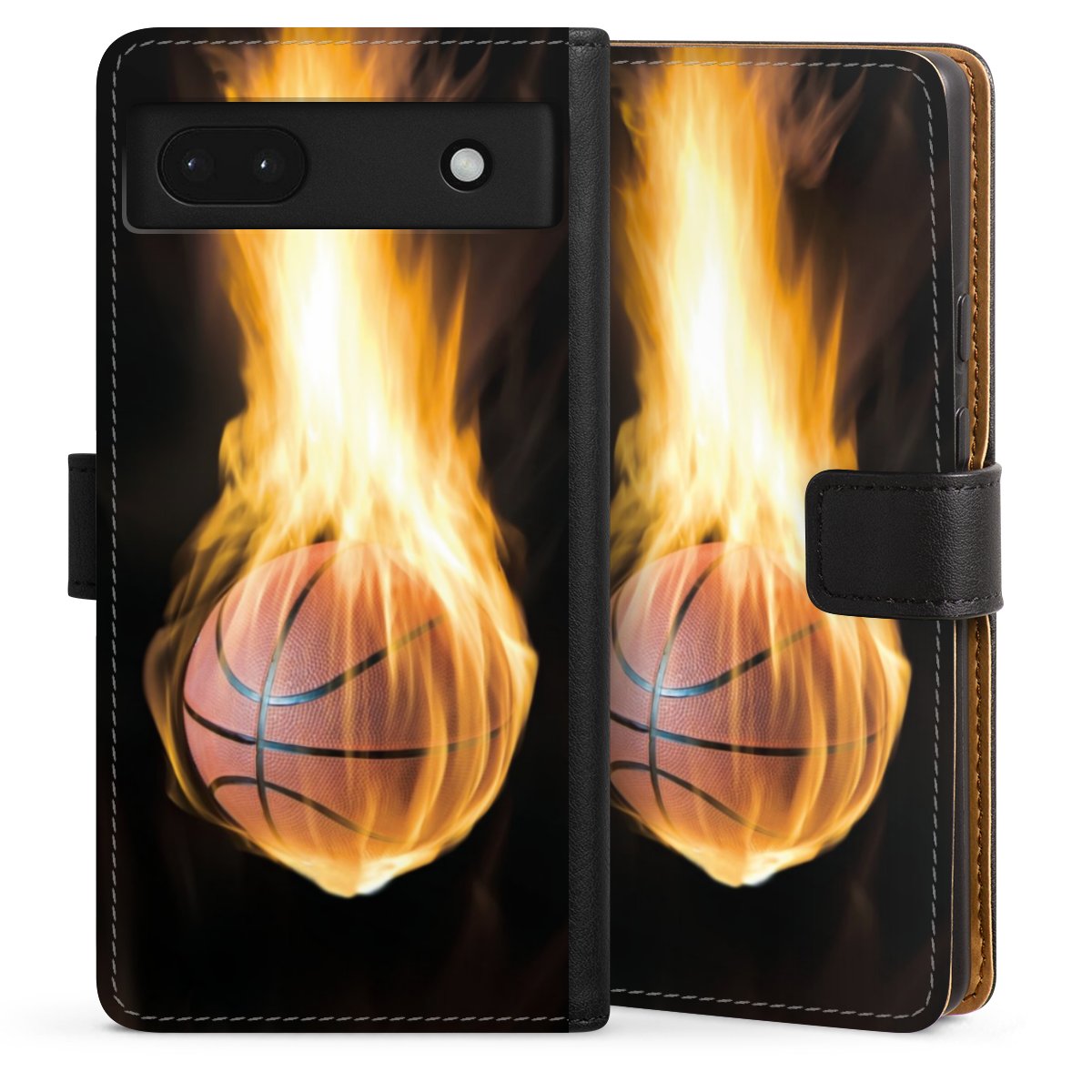 Google Pixel 6a Handy Klapphülle Handyhülle aus Kunst Leder schwarz Flip Case Basketball Sports Fire Sideflip mit Lasche