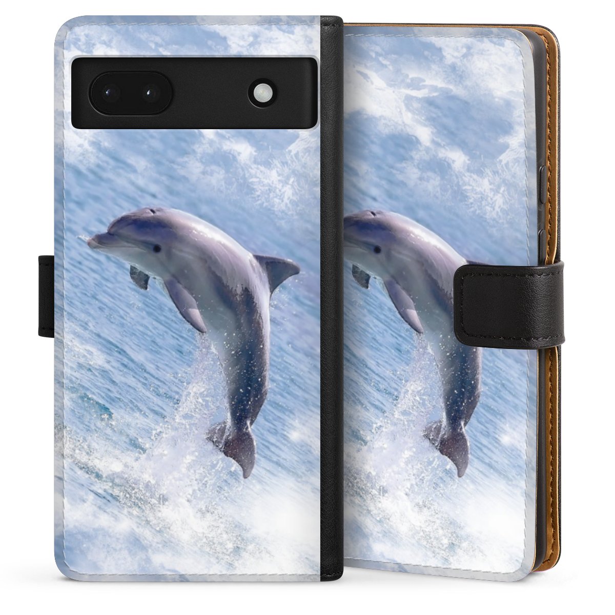 Google Pixel 6a Handy Klapphülle Handyhülle aus Kunst Leder schwarz Flip Case Dolphin Ocean Wale Sideflip mit Lasche