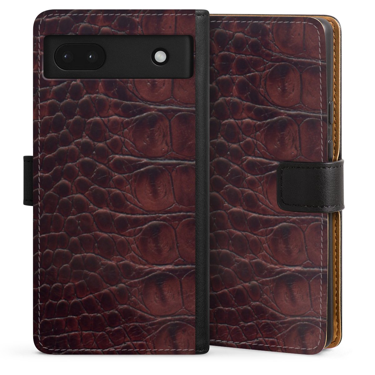 Google Pixel 6a Handy Klapphülle Handyhülle aus Kunst Leder schwarz Flip Case Crocodile Animal Print Leather Sideflip mit Lasche