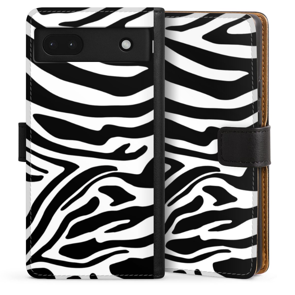 Google Pixel 6a Handy Klapphülle Handyhülle aus Kunst Leder schwarz Flip Case Zebra Animal Look Animal Print Sideflip mit Lasche