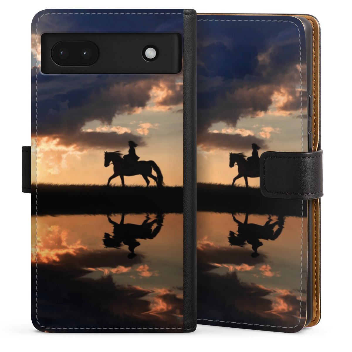 Google Pixel 6a Handy Klapphülle Handyhülle aus Kunst Leder schwarz Flip Case Horse Sunset Horseback Riding Sideflip mit Lasche