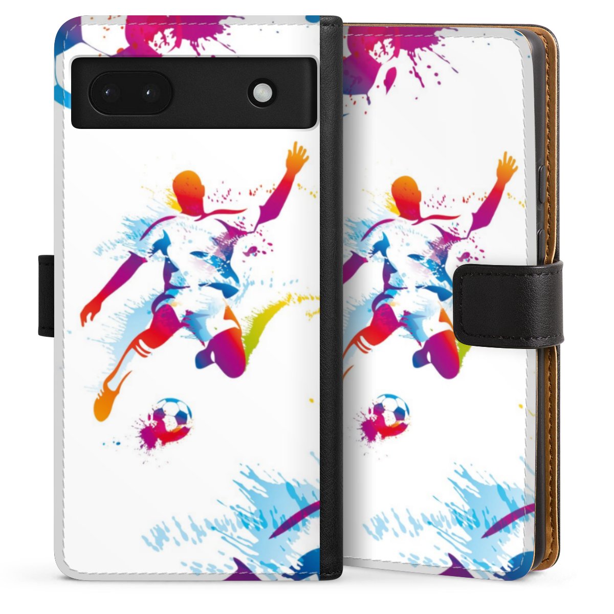 Google Pixel 6a Handy Klapphülle Handyhülle aus Kunst Leder schwarz Flip Case Sports Soccer Muster Sideflip mit Lasche