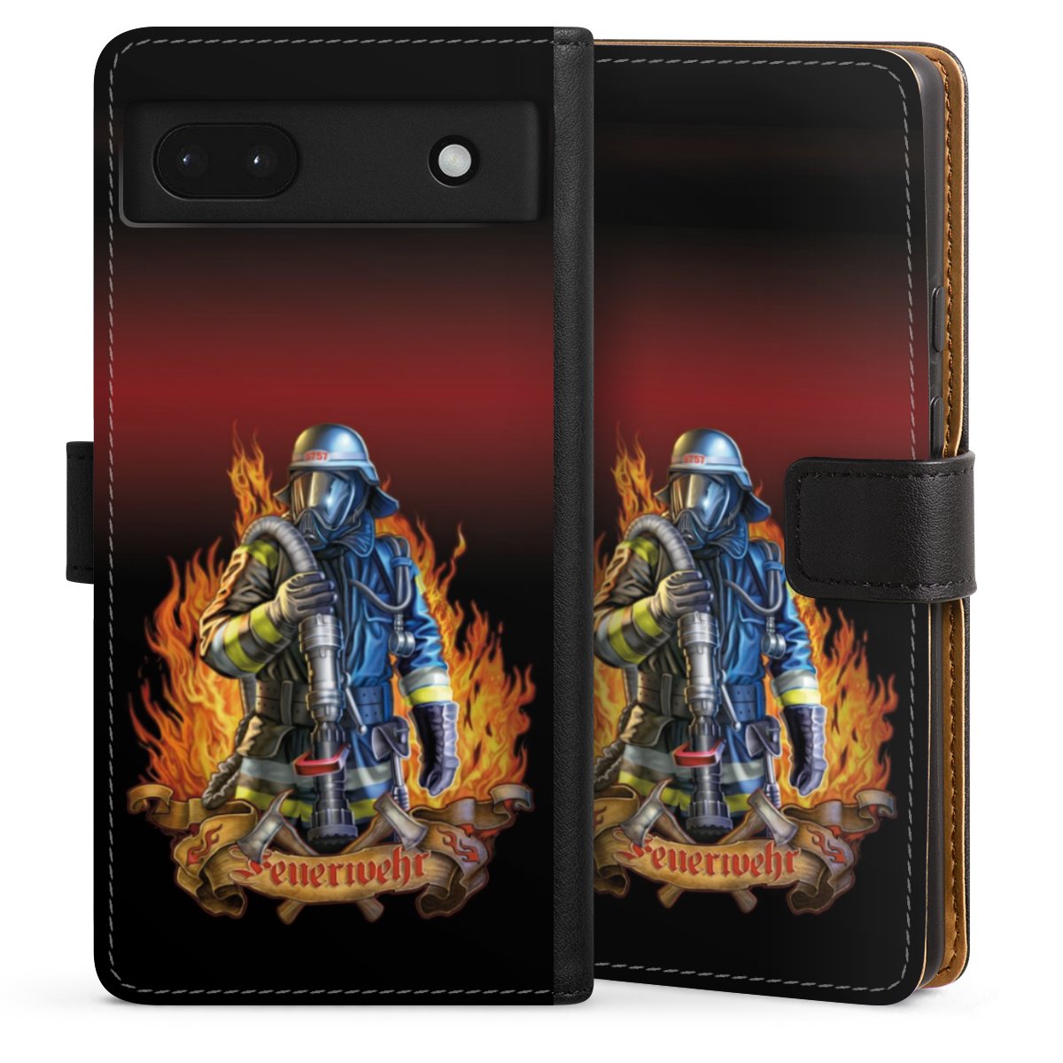 Google Pixel 6a Handy Klapphülle Handyhülle aus Kunst Leder schwarz Flip Case Job Fire Fighter Fire Fighters Sideflip mit Lasche