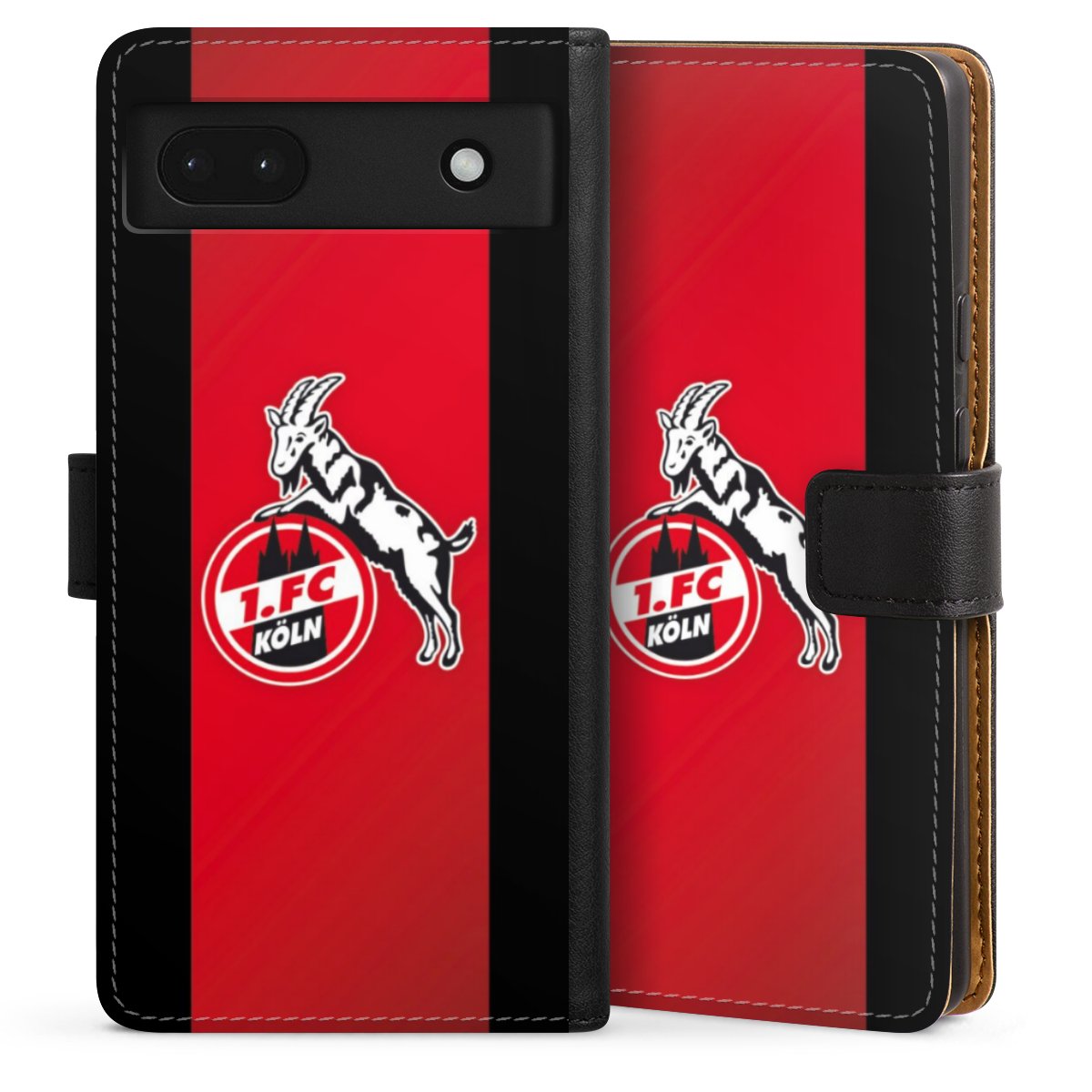 Google Pixel 6a Handy Klapphülle Handyhülle aus Kunst Leder schwarz Flip Case Official Licensed Product Billy Goat Hennes 1. Fc Köln Sideflip mit Lasche