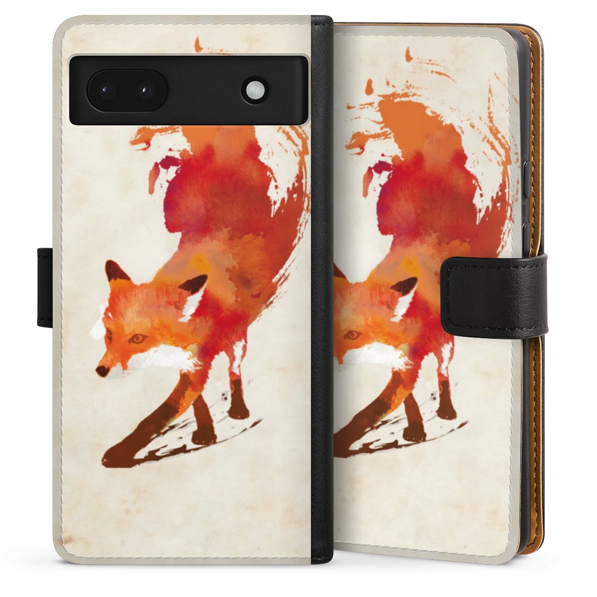 Google Pixel 6a Handy Klapphülle Handyhülle aus Kunst Leder schwarz Flip Case Fox Graphic Sideflip mit Lasche