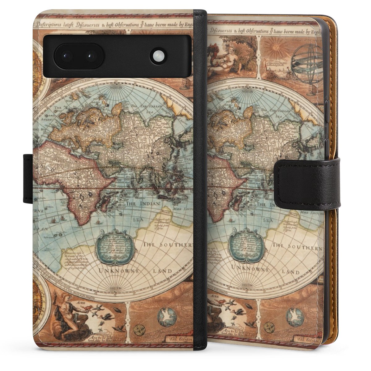 Google Pixel 6a Handy Klapphülle Handyhülle aus Kunst Leder schwarz Flip Case World Map Vintage Map Sideflip mit Lasche