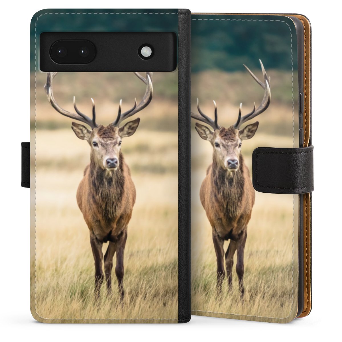 Google Pixel 6a Handy Klapphülle Handyhülle aus Kunst Leder schwarz Flip Case Deer Meadow Forrest Sideflip mit Lasche