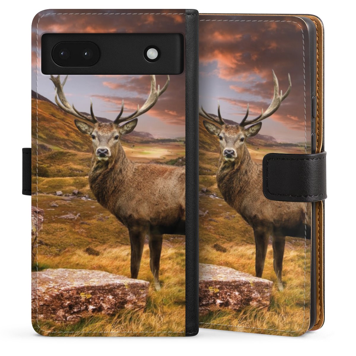 Google Pixel 6a Handy Klapphülle Handyhülle aus Kunst Leder schwarz Flip Case Meadow Mountain Deer Sideflip mit Lasche