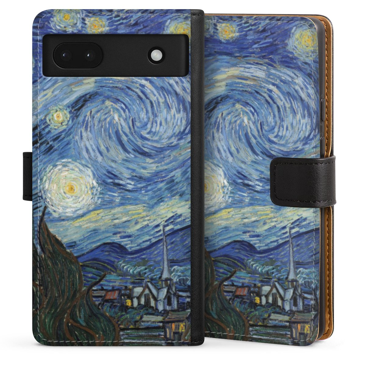 Google Pixel 6a Handy Klapphülle Handyhülle aus Kunst Leder schwarz Flip Case The Starry Night Kunst Vincent Van Gogh Sideflip mit Lasche