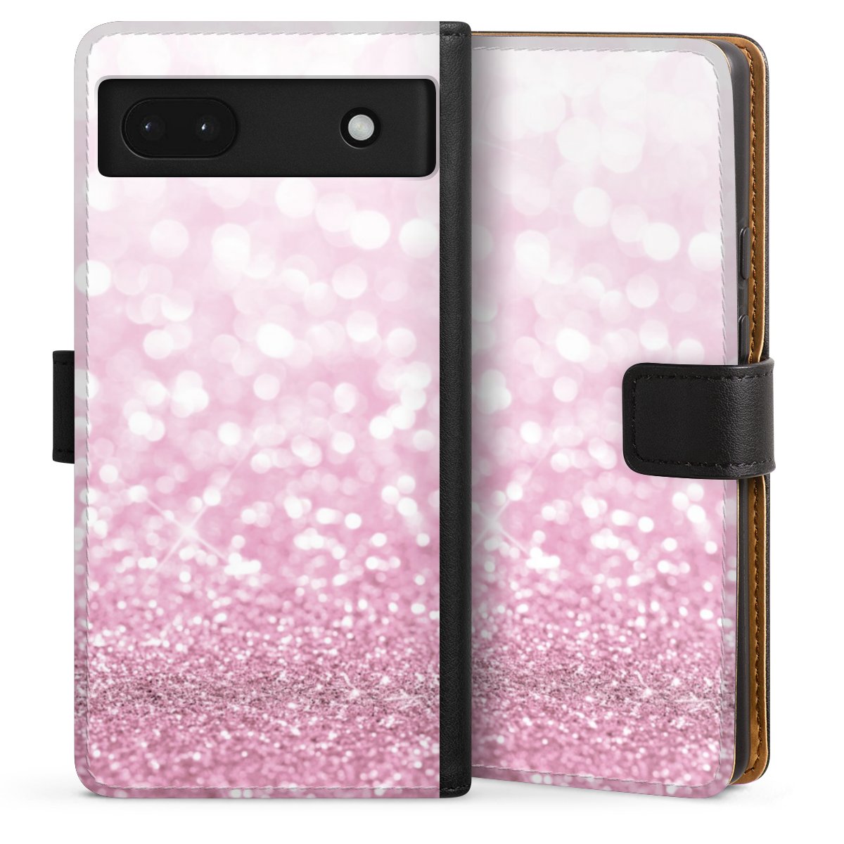 Google Pixel 6a Handy Klapphülle Handyhülle aus Kunst Leder schwarz Flip Case Glitzer Pink Shine Sideflip mit Lasche