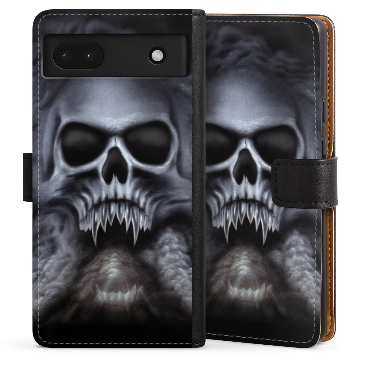 Google Pixel 6a Handy Klapphülle Handyhülle aus Kunst Leder schwarz Flip Case Totenkopf Skull Sideflip mit Lasche