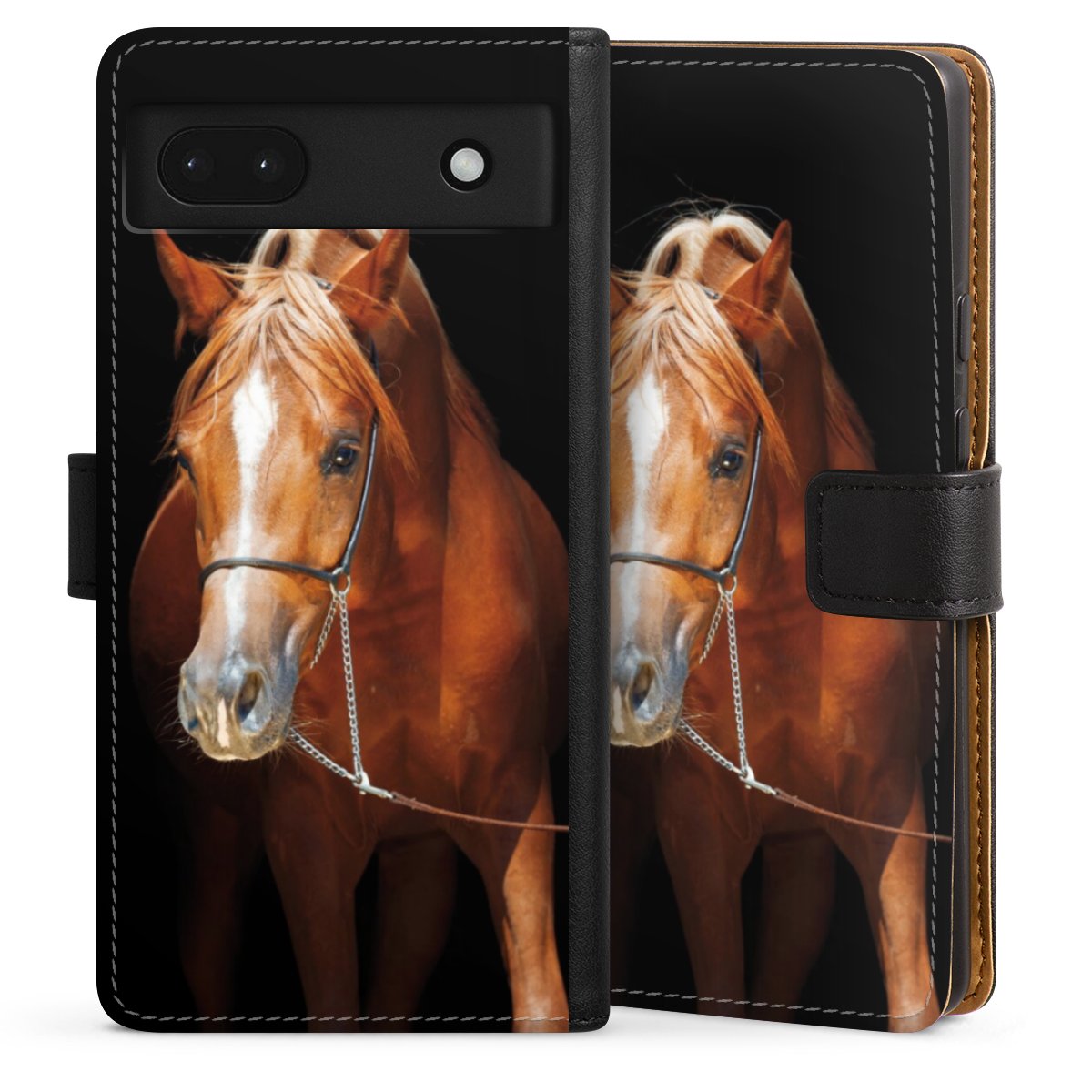 Google Pixel 6a Handy Klapphülle Handyhülle aus Kunst Leder schwarz Flip Case Mare Horse Hobby Sideflip mit Lasche