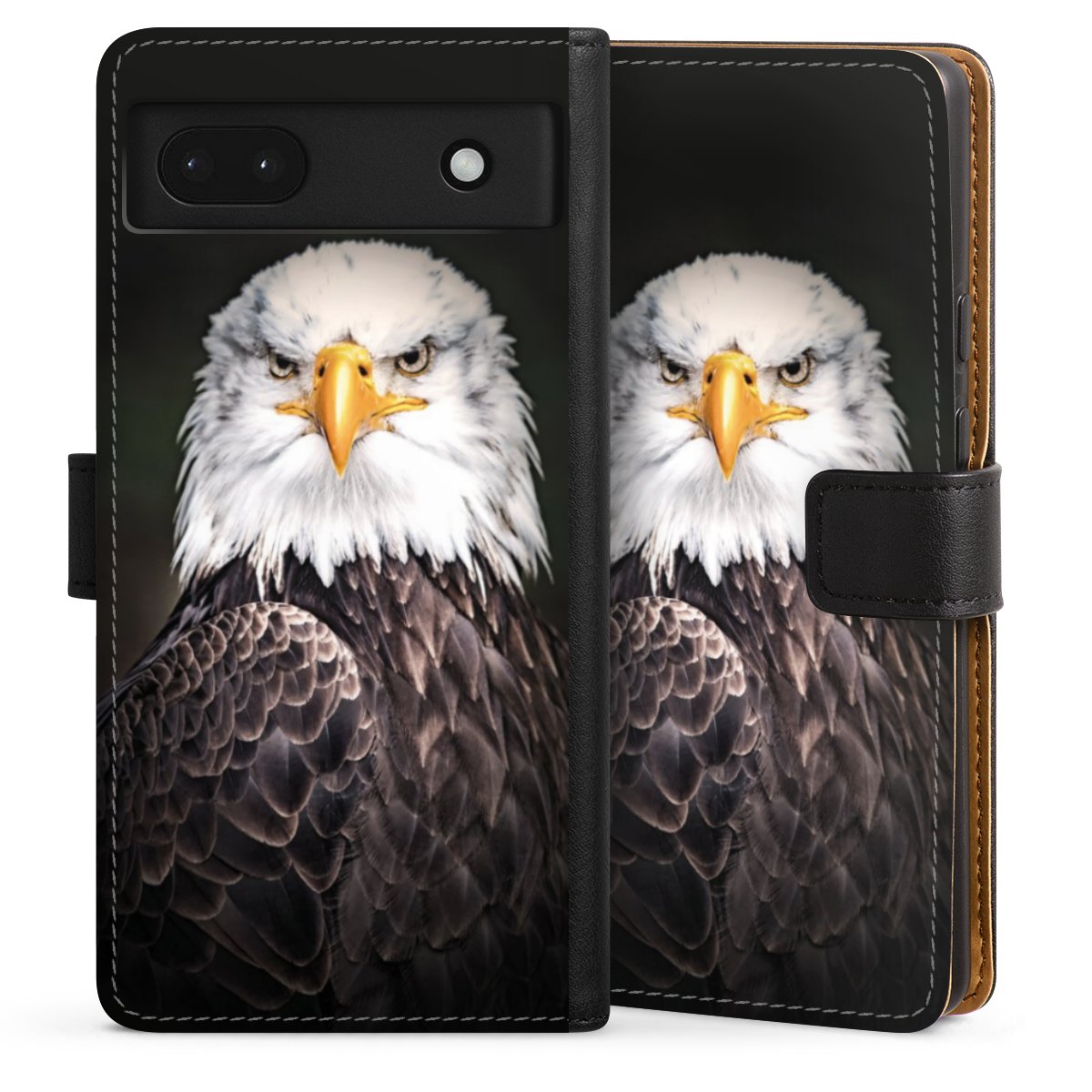 Google Pixel 6a Handy Klapphülle Handyhülle aus Kunst Leder schwarz Flip Case Eagle Bird Sideflip mit Lasche