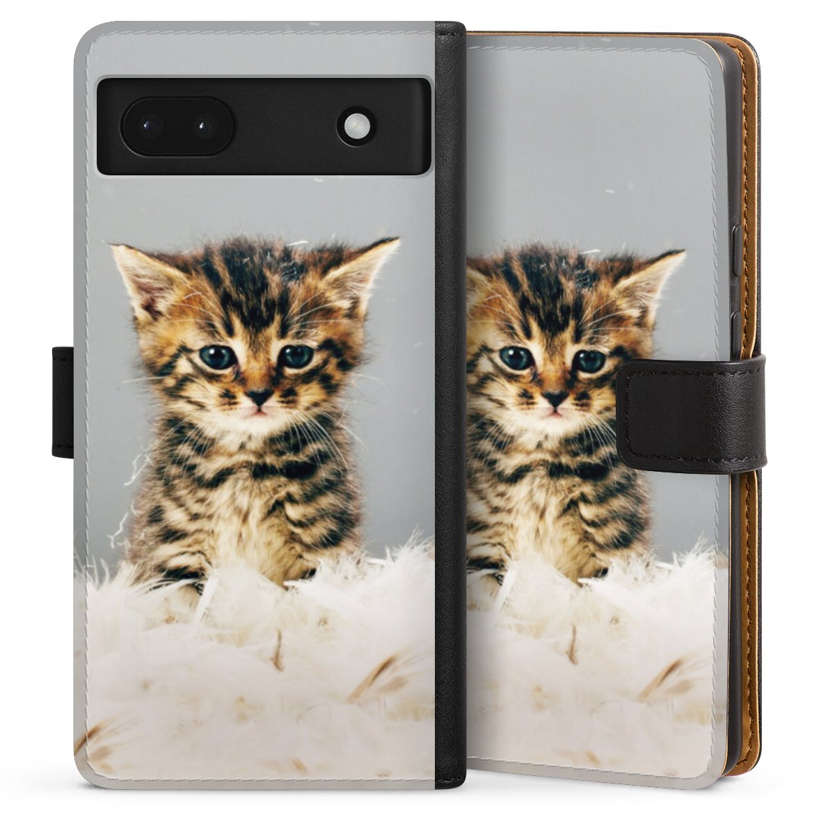 Google Pixel 6a Handy Klapphülle Handyhülle aus Kunst Leder schwarz Flip Case Cat Feather Pet Sideflip mit Lasche