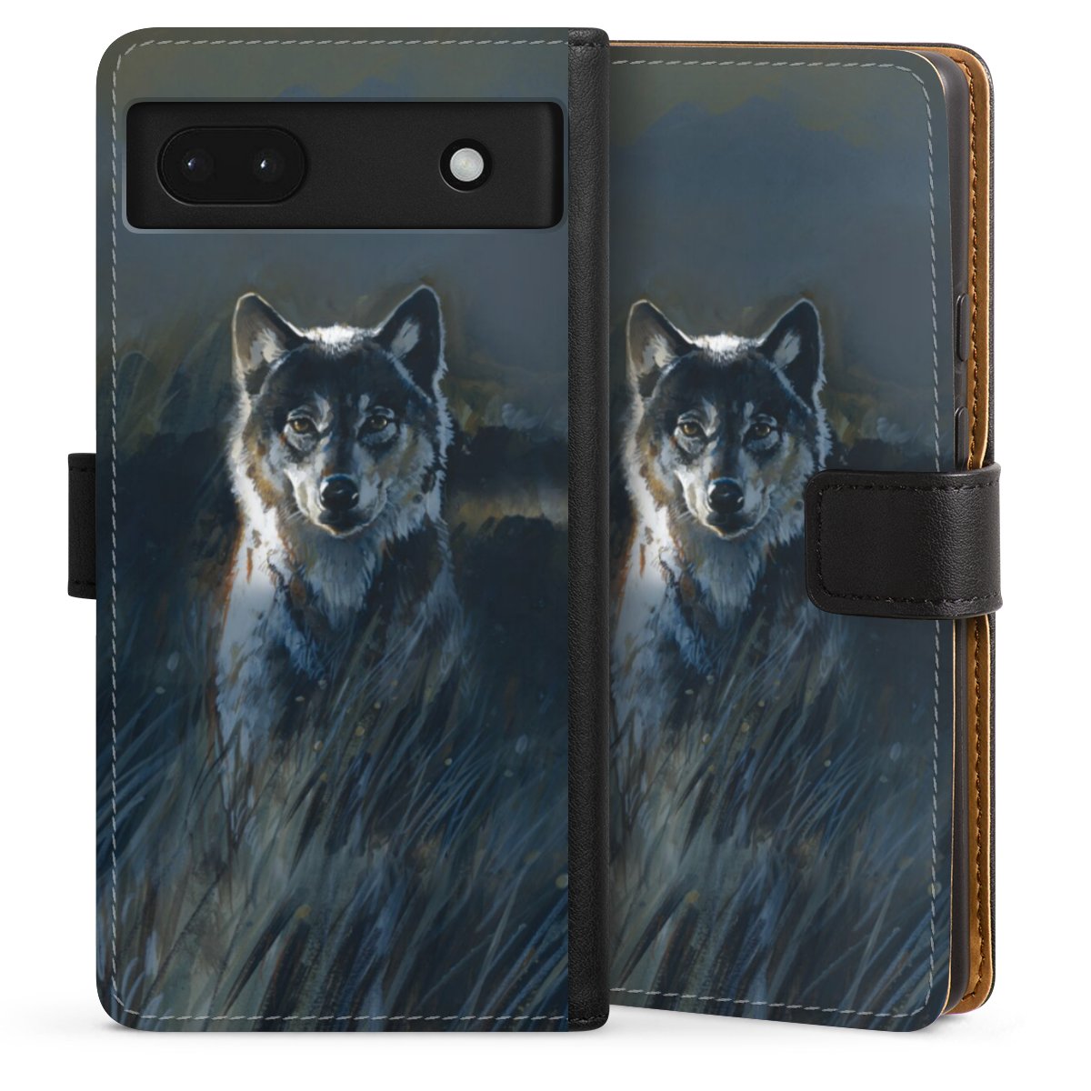 Google Pixel 6a Handy Klapphülle Handyhülle aus Kunst Leder schwarz Flip Case Nature Wolf Painting Sideflip mit Lasche