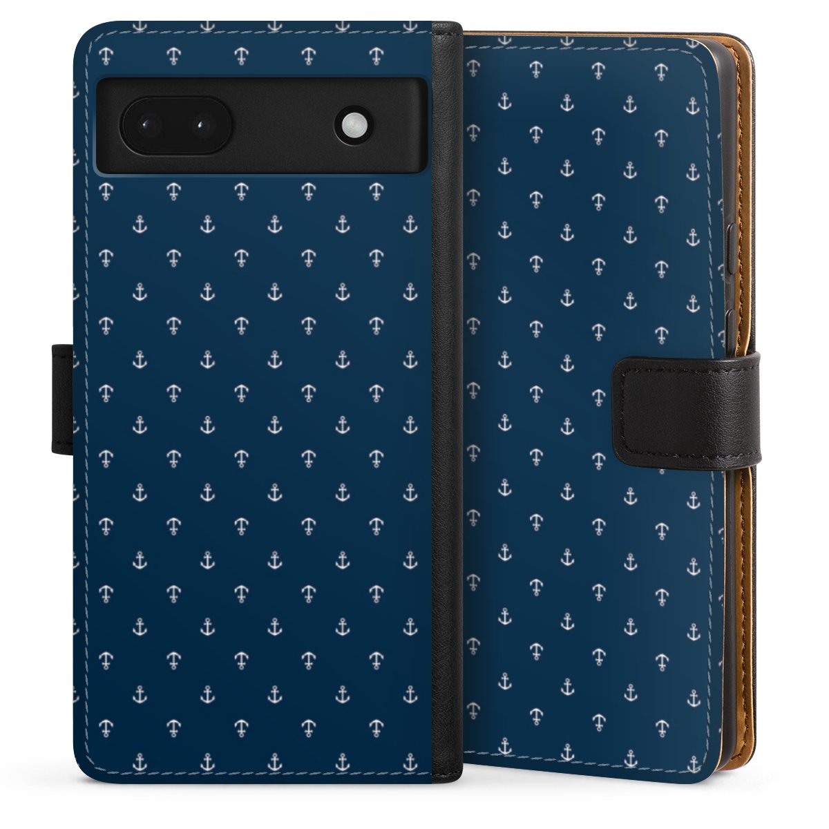 Google Pixel 6a Handy Klapphülle Handyhülle aus Kunst Leder schwarz Flip Case Muster Anchor Sail Sideflip mit Lasche