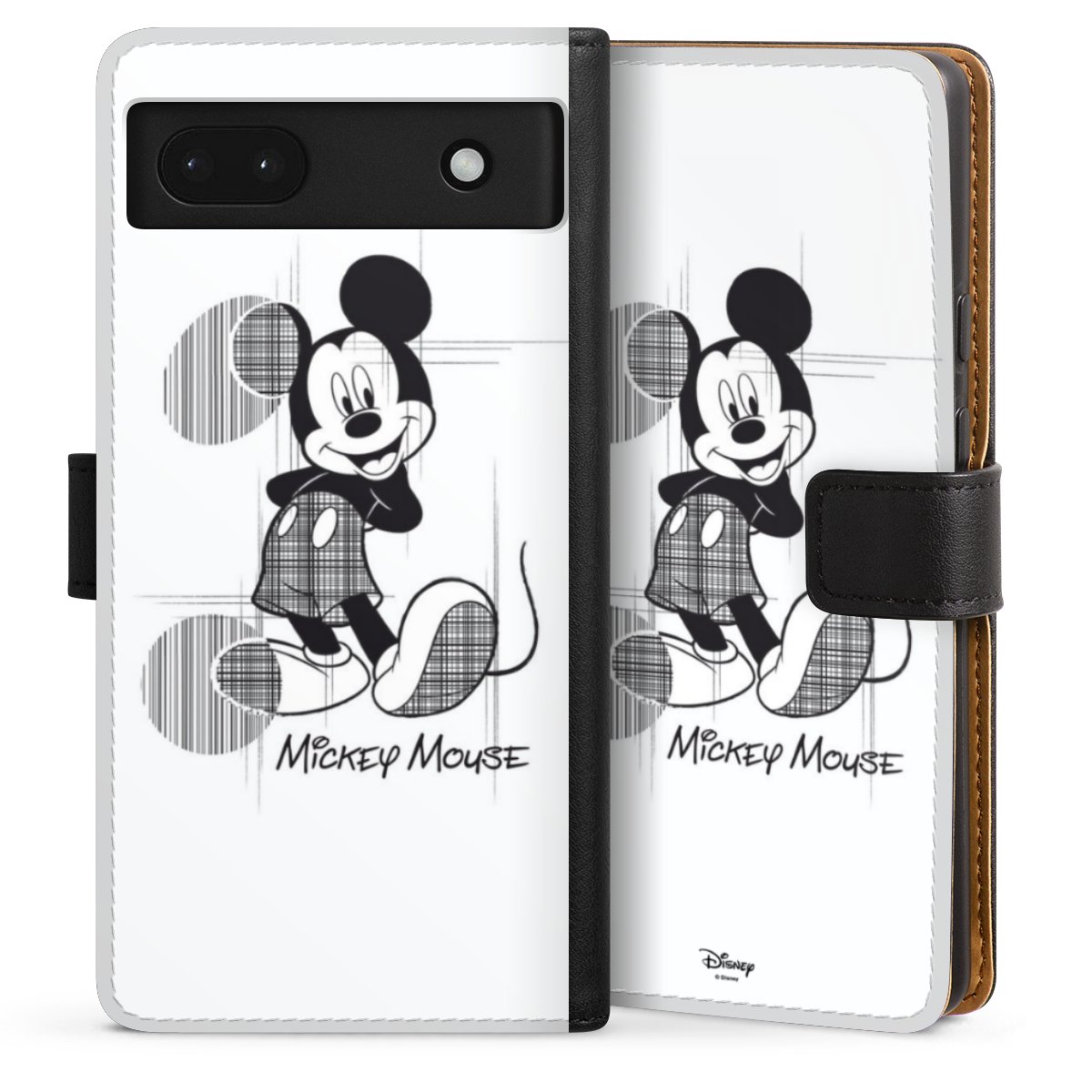 Google Pixel 6a Handy Klapphülle Handyhülle aus Kunst Leder schwarz Flip Case Disney Official Licensed Product Mickey Mouse Sideflip mit Lasche