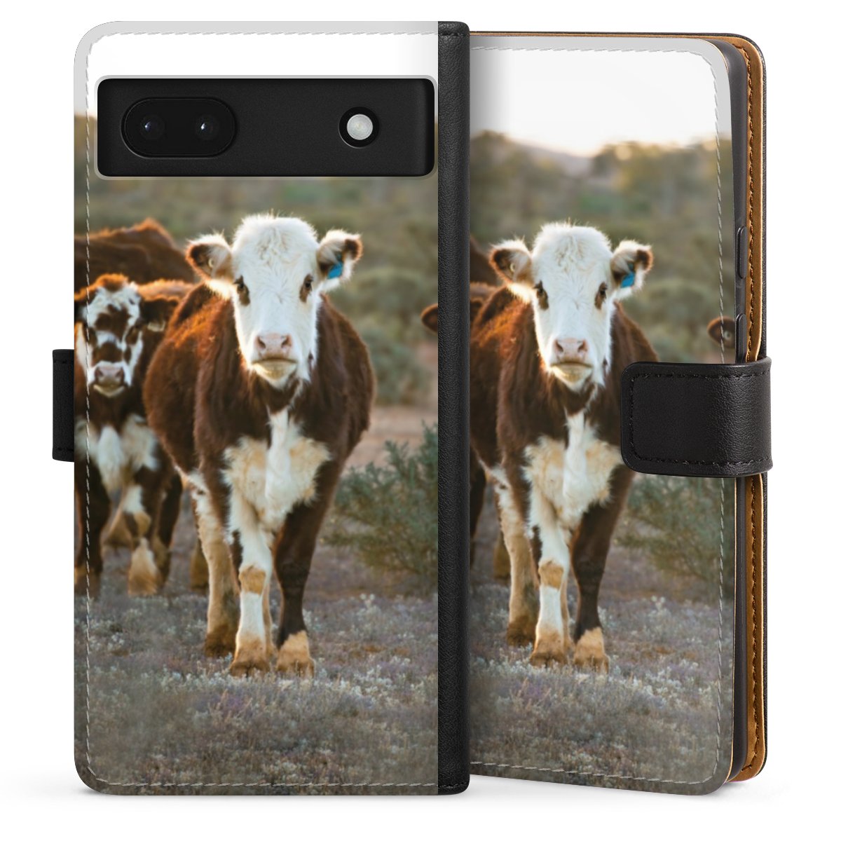 Google Pixel 6a Handy Klapphülle Handyhülle aus Kunst Leder schwarz Flip Case Cow Farmer Calf Sideflip mit Lasche