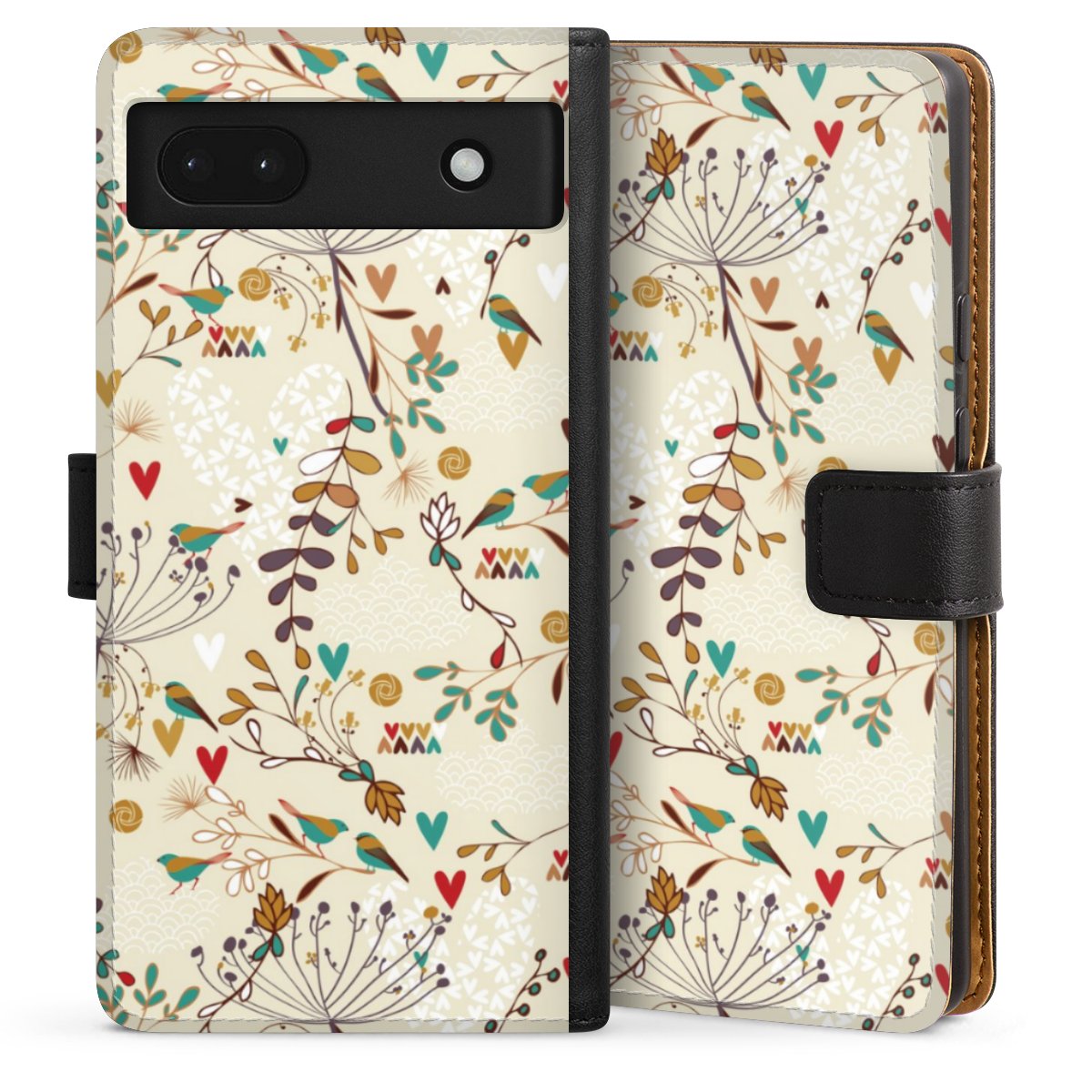 Google Pixel 6a Handy Klapphülle Handyhülle aus Kunst Leder schwarz Flip Case Bird Flowers Retro Sideflip mit Lasche